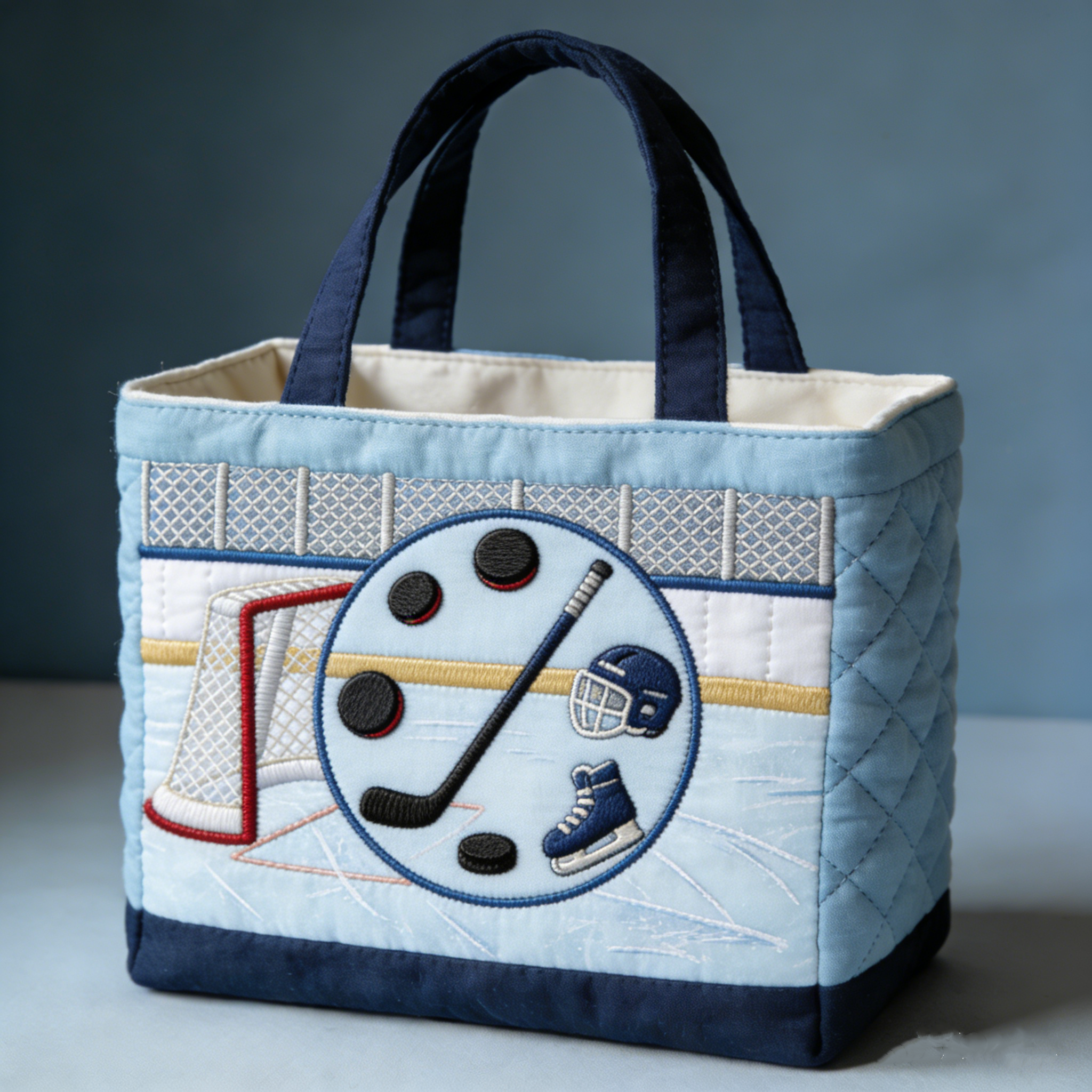 Handmade Quilted Sporty Tote Bag, Hockey Pattern Fabric Shoulder Handbag