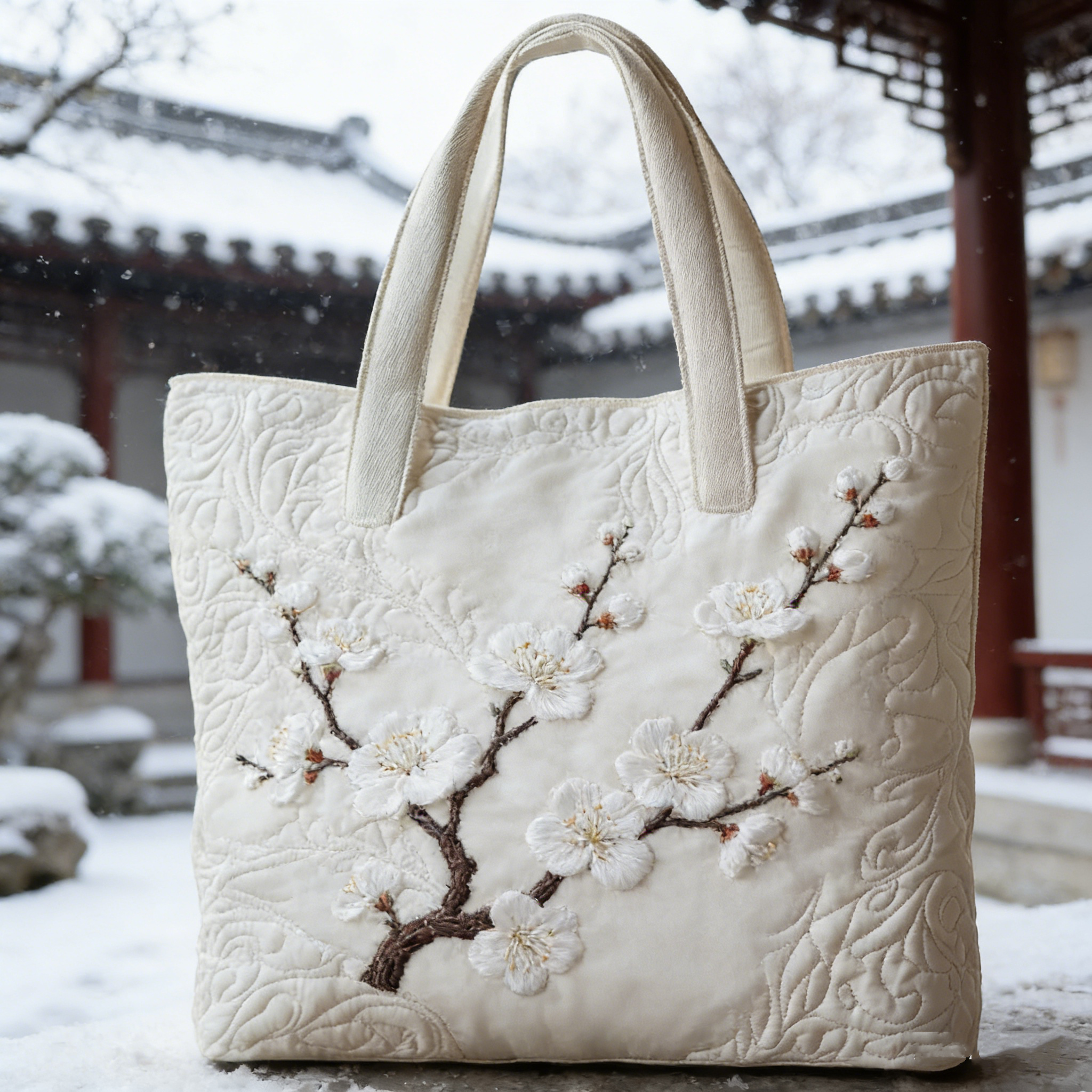 Winter Plum Blossom Quilted Tote Bag FCN815