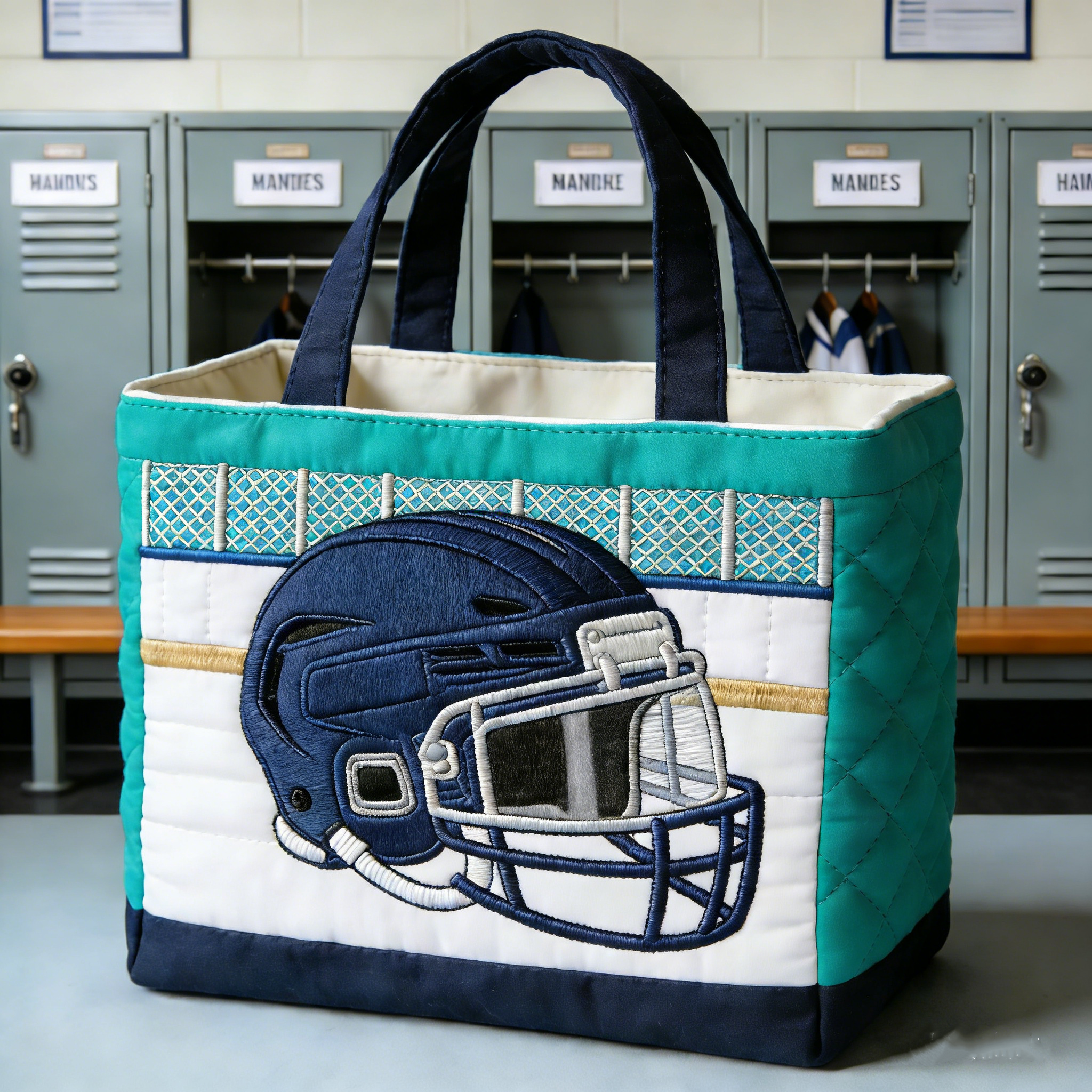 Handmade Quilted Sporty Tote Bag, Hockey Pattern Fabric Shoulder Handbag