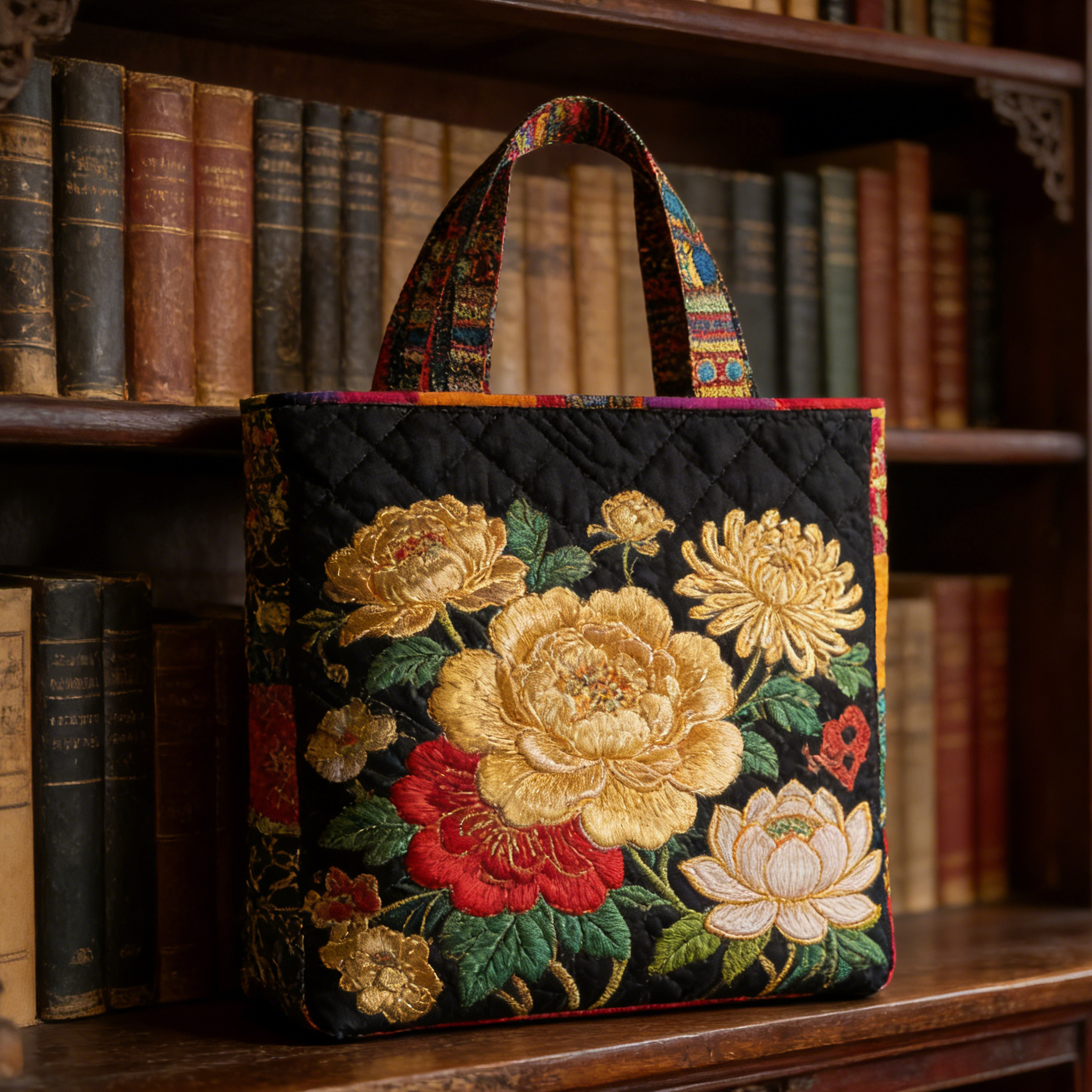 Golden Peony Lotus Quilted Tote Bag