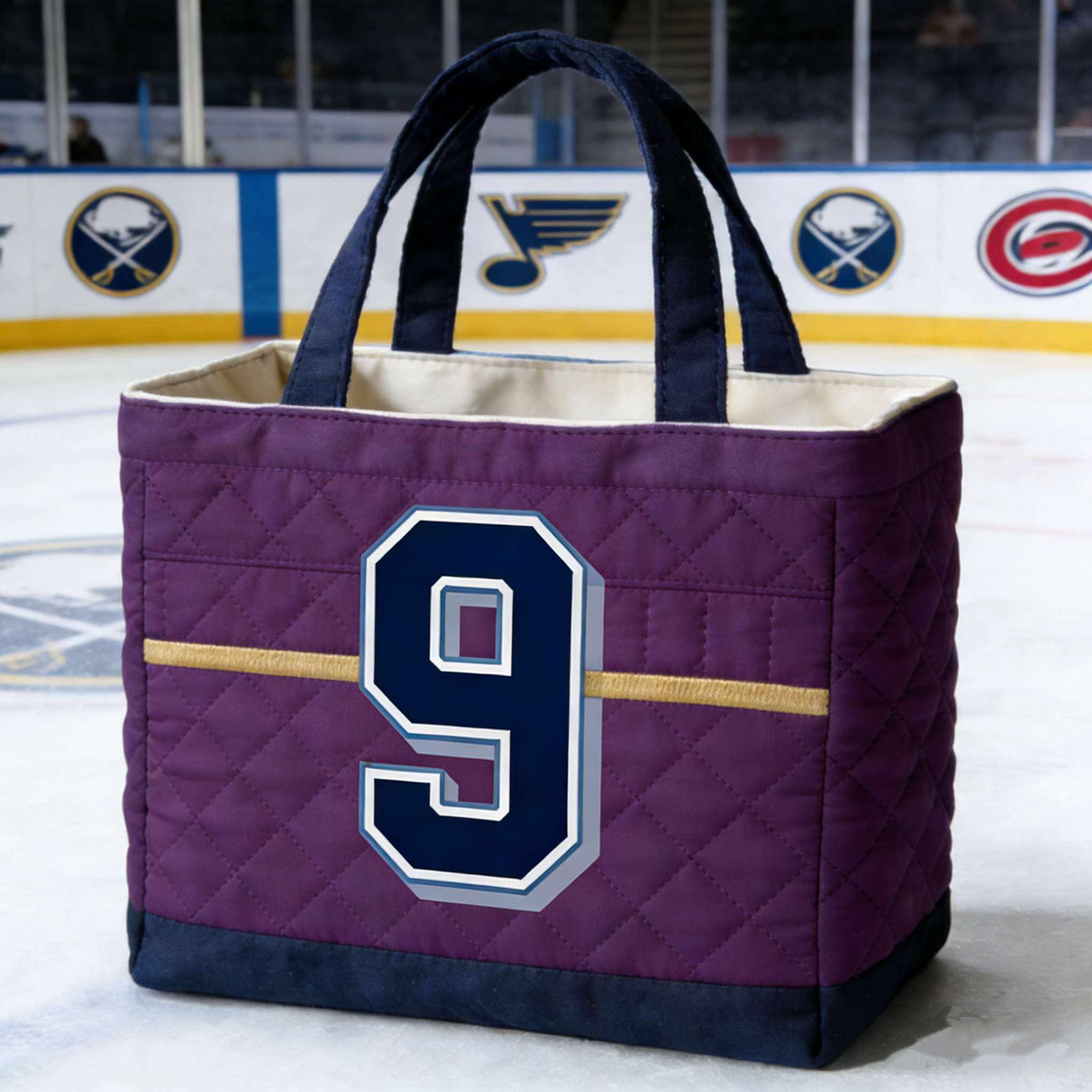 Handmade Quilted Sporty Tote Bag, Hockey Pattern Fabric Shoulder Handbag