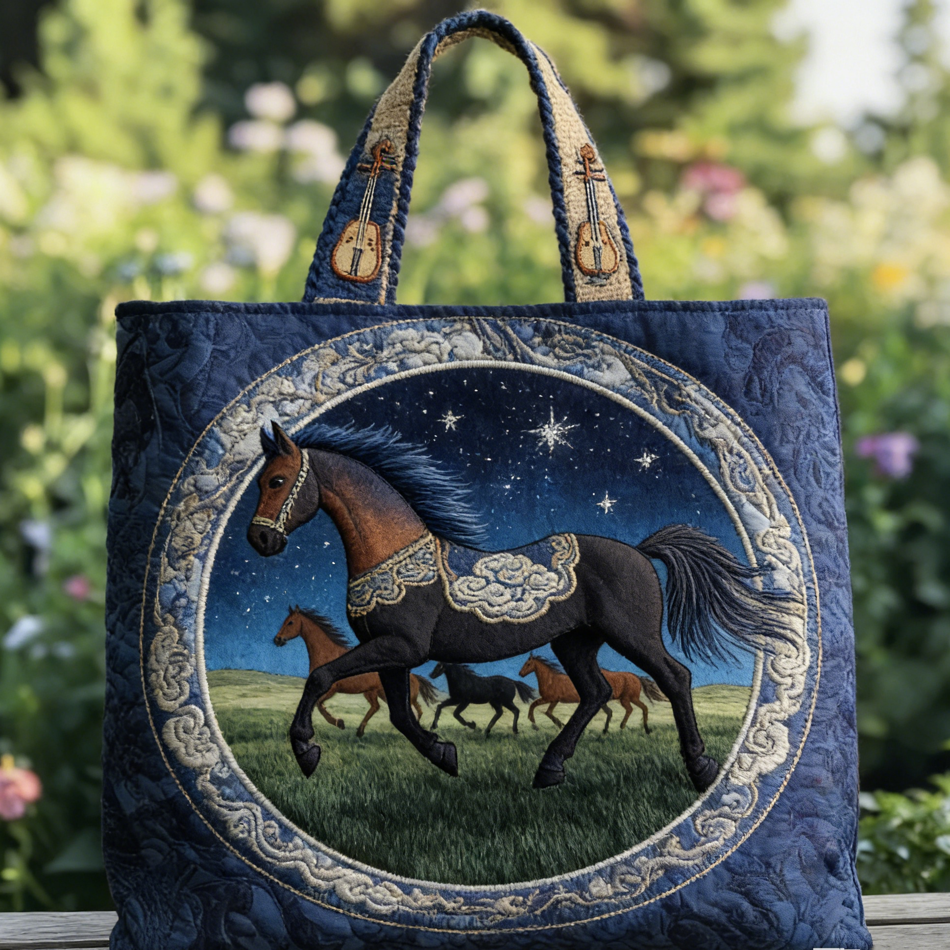 Quilted Starlit Herd Horse Tote Bag