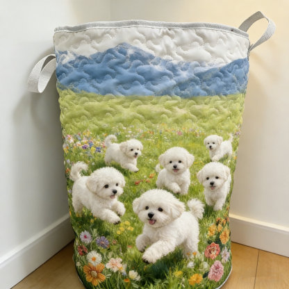 Bichon Frise Puppies in Wildflower Quilted Laundry Basket [Real Shot]59