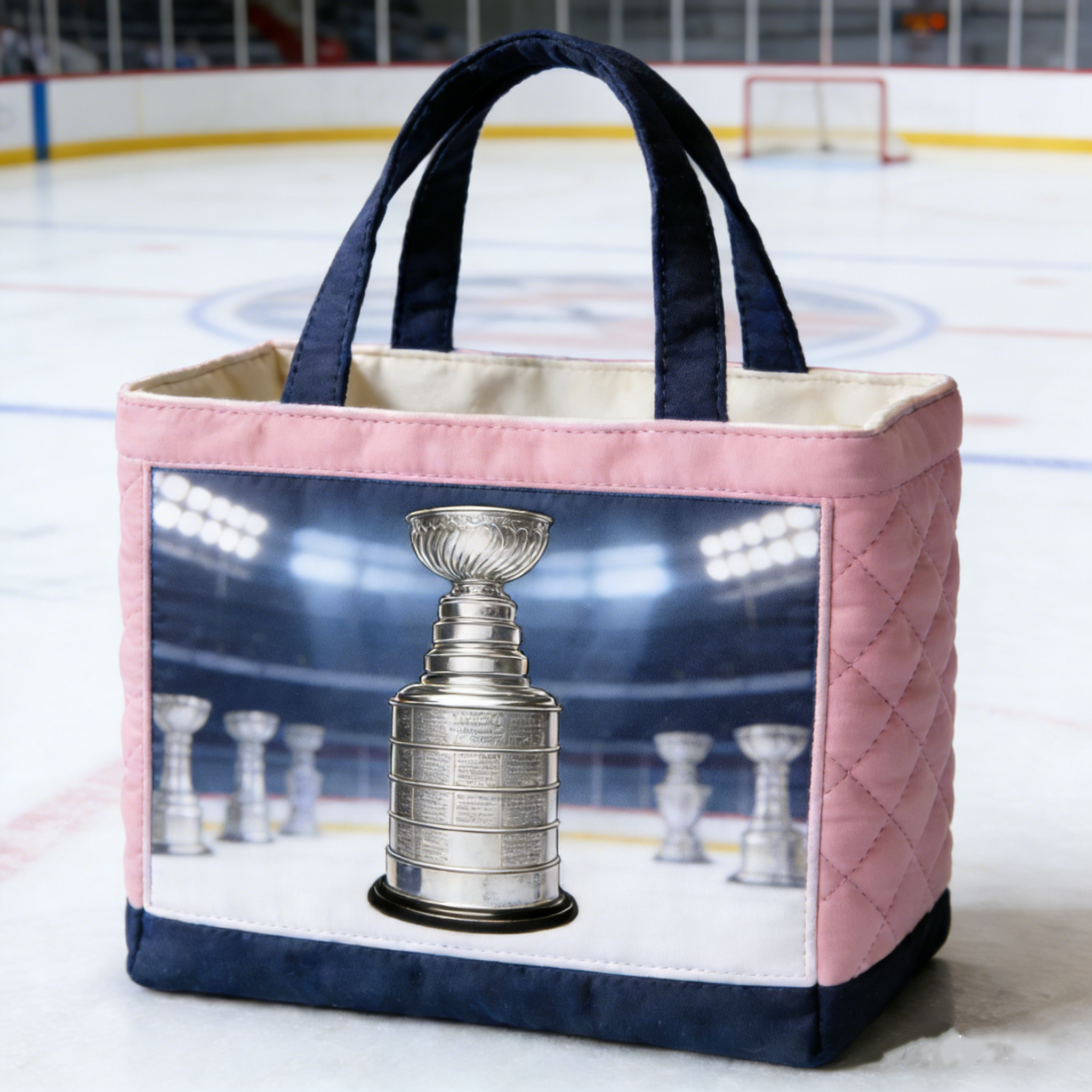 Handmade Quilted Sporty Tote Bag, Hockey Pattern Fabric Shoulder Handbag