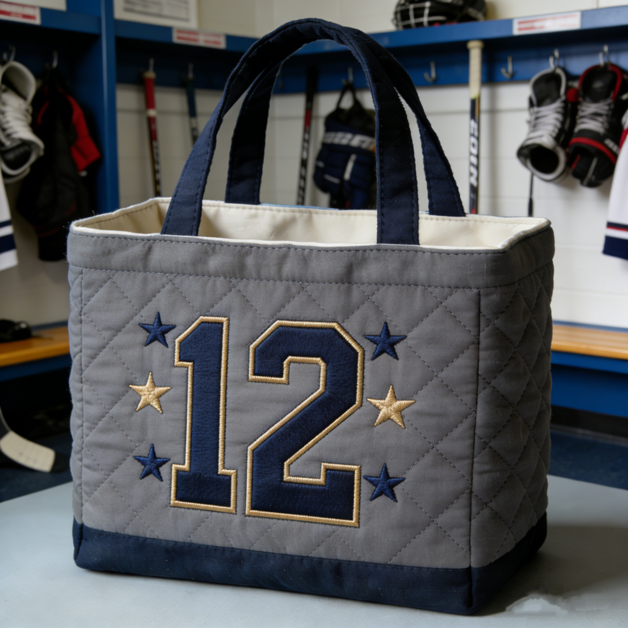 Handmade Quilted Sporty Tote Bag, Hockey Pattern Fabric Shoulder Handbag