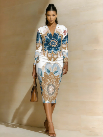 Artistic Mandala V-Neck Bodycon Midi Dress