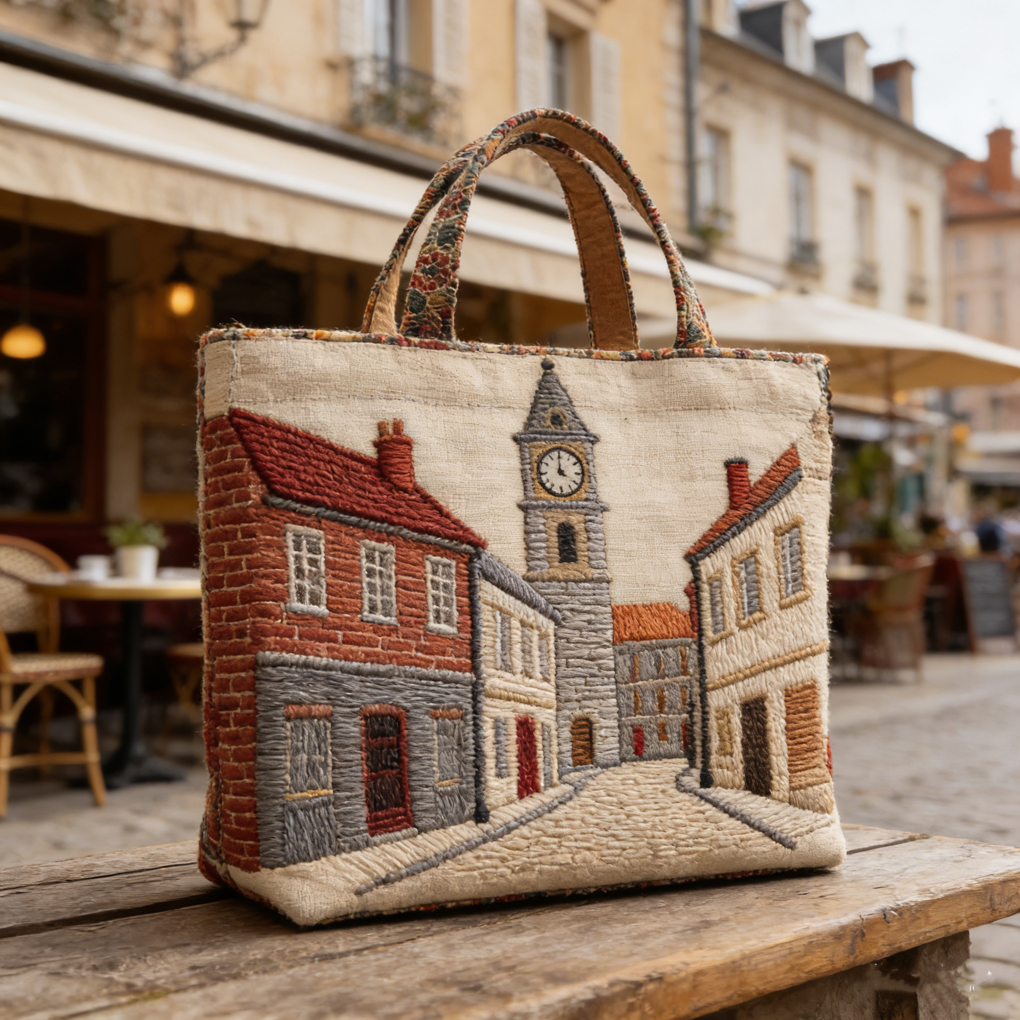 Vintage European Town Quilted Tote Bag