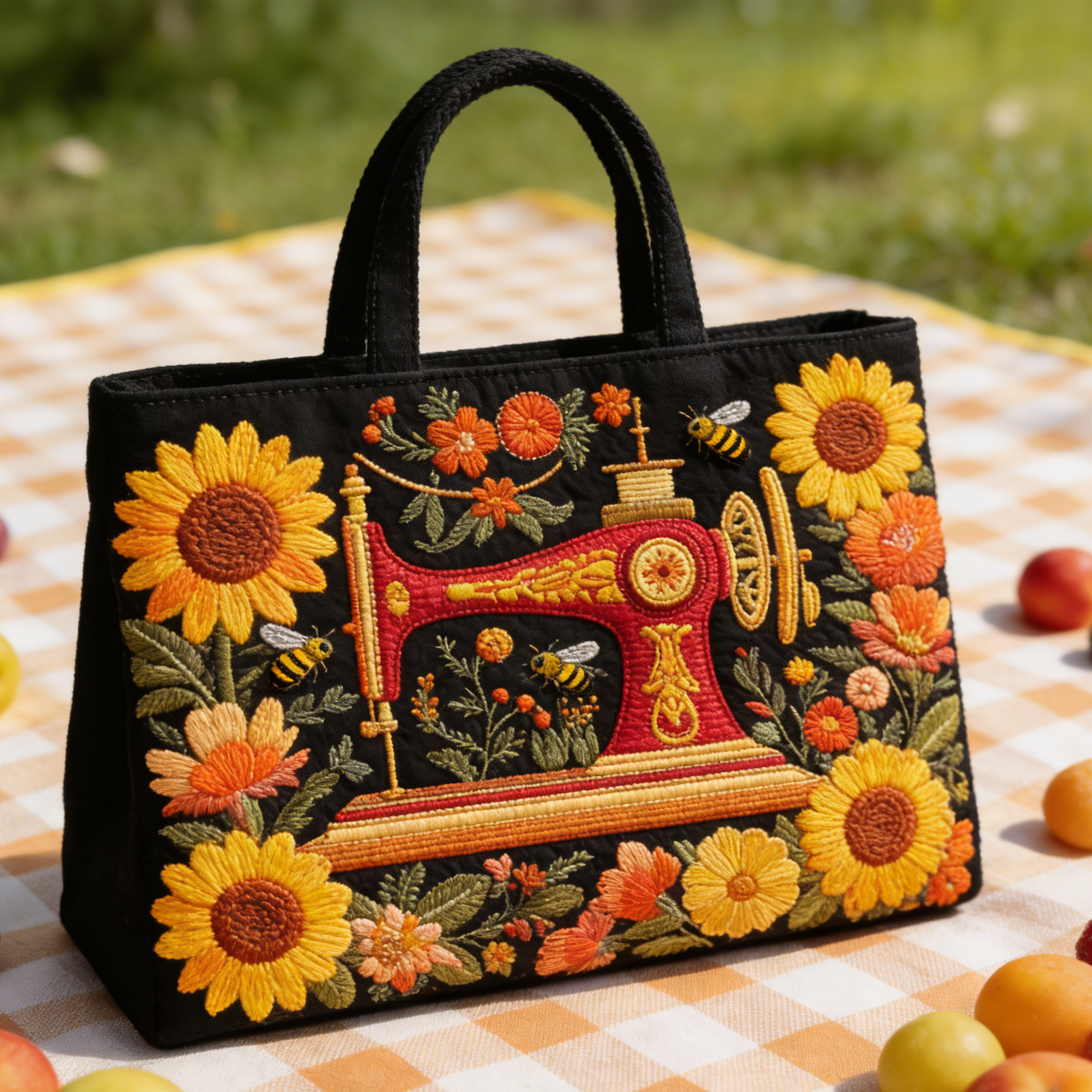 Sunflower-Sewing Machine Quilted Tote Bag