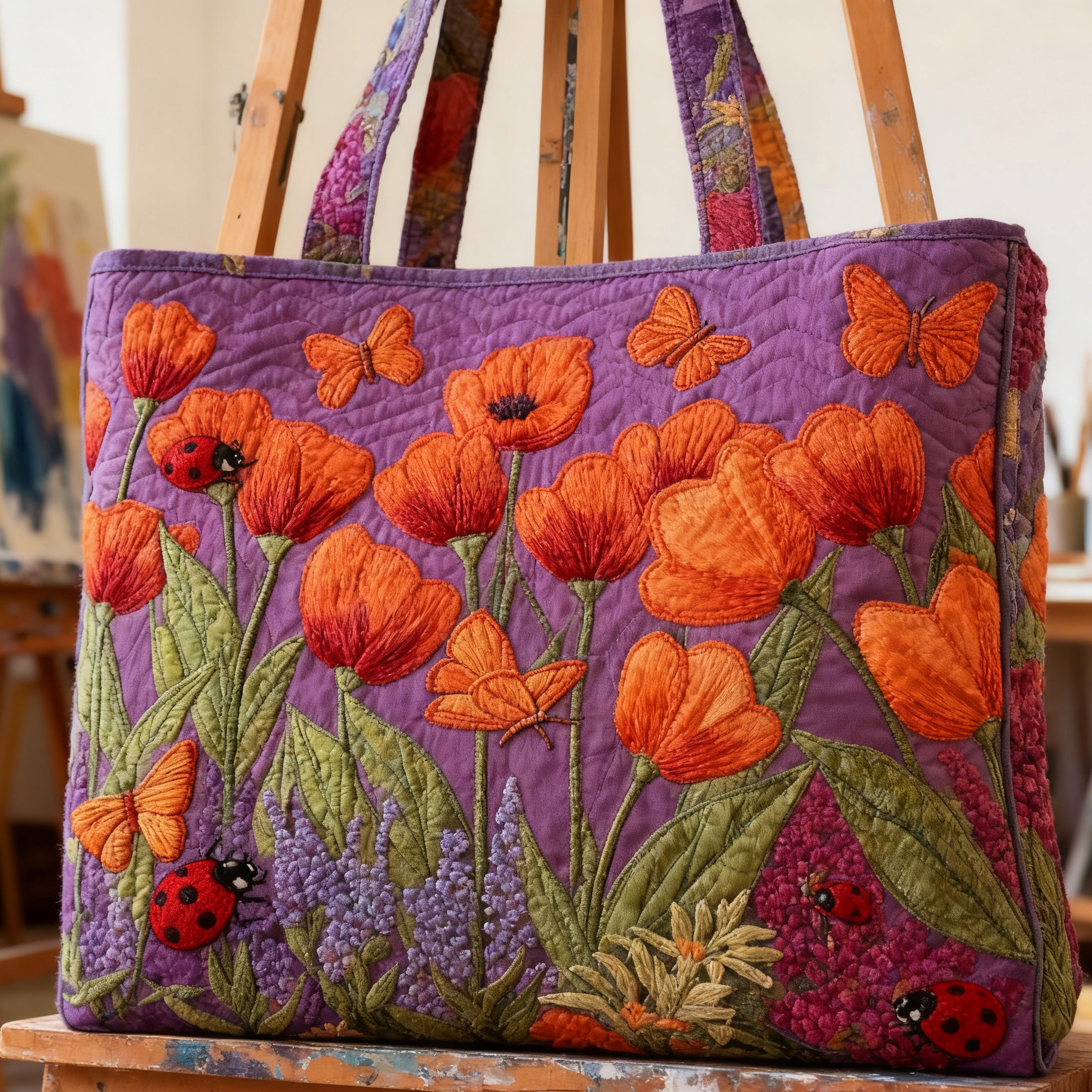 Violet Orange Poppy Quilted Tote Bag