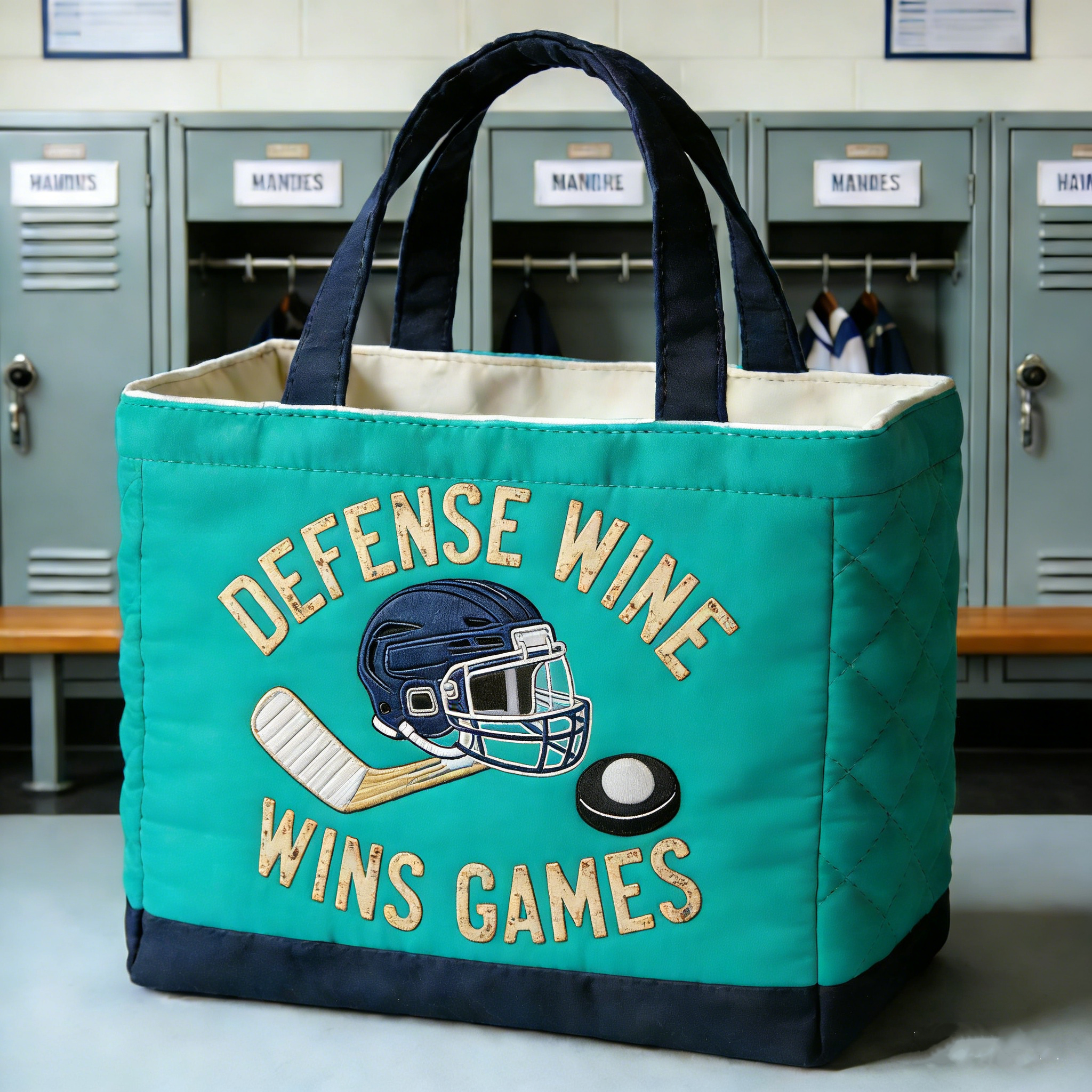 Handmade Quilted Sporty Tote Bag, Hockey Pattern Fabric Shoulder Handbag