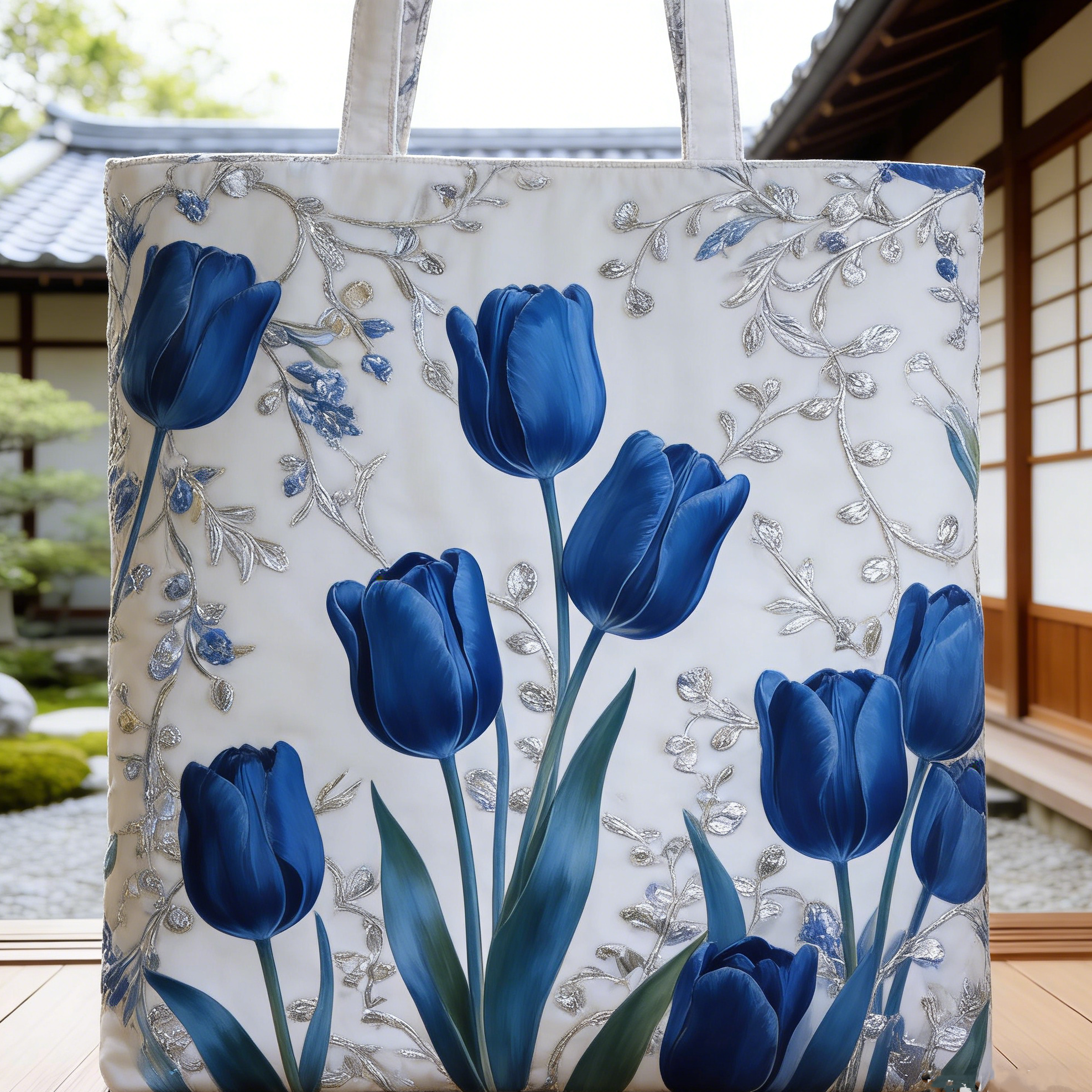 Deep Blue Tulip & Silver Vine Quilted Tote Bag