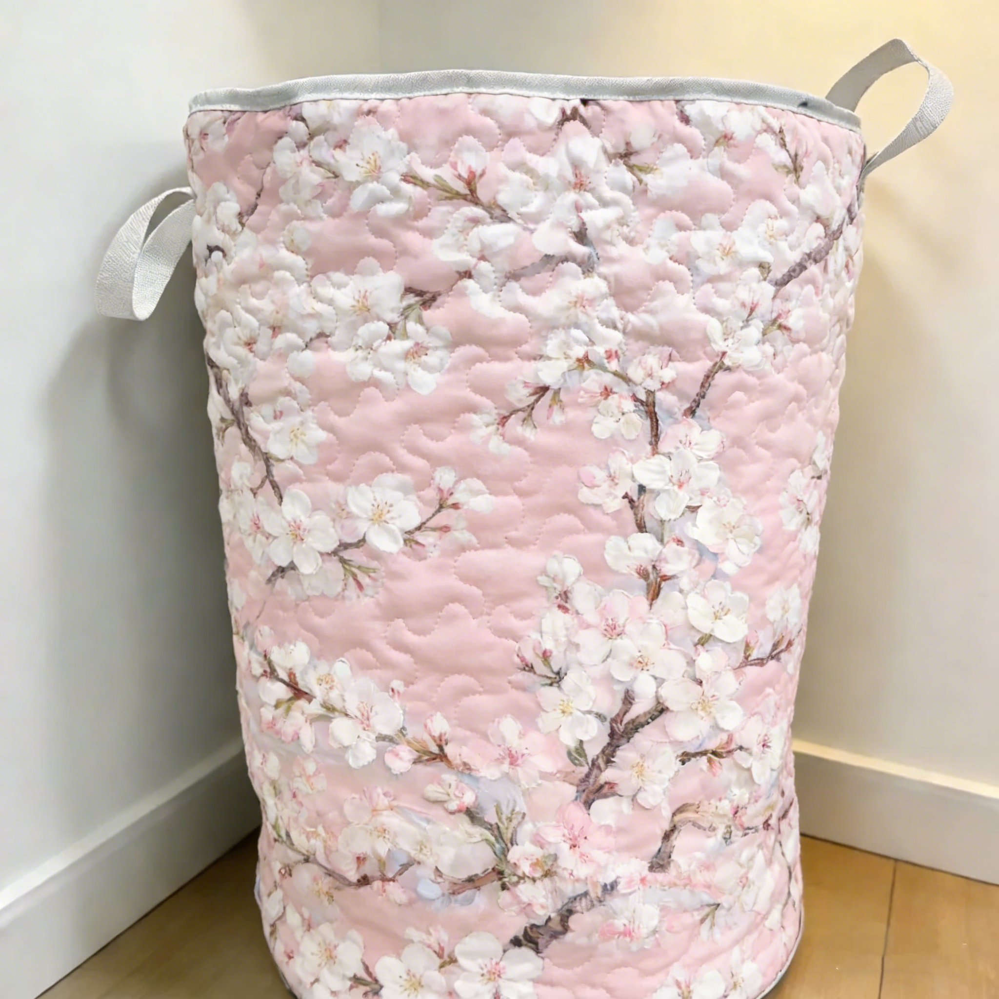 Blush Pink Almond Blossom Quilted Laundry Basket [Real Shot]68