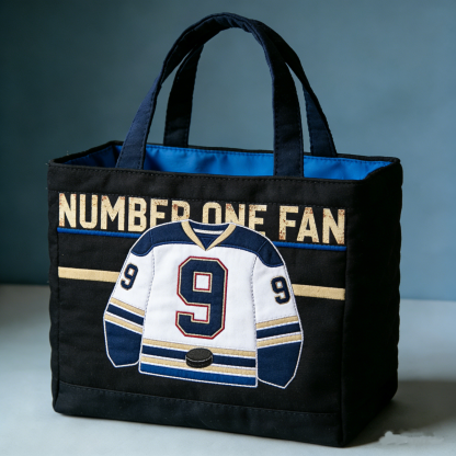 Handmade Quilted Sporty Tote Bag, Hockey Pattern Fabric Shoulder Handbag