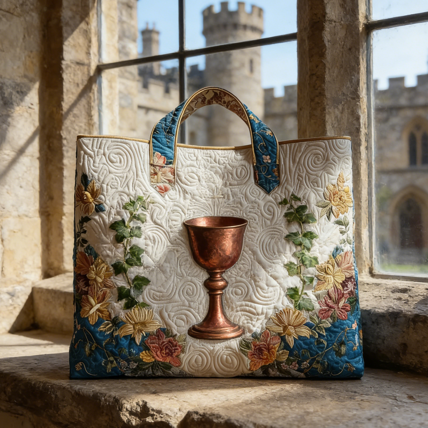 Medieval Chalice & Floral Quilted Tote Bag FNG6102