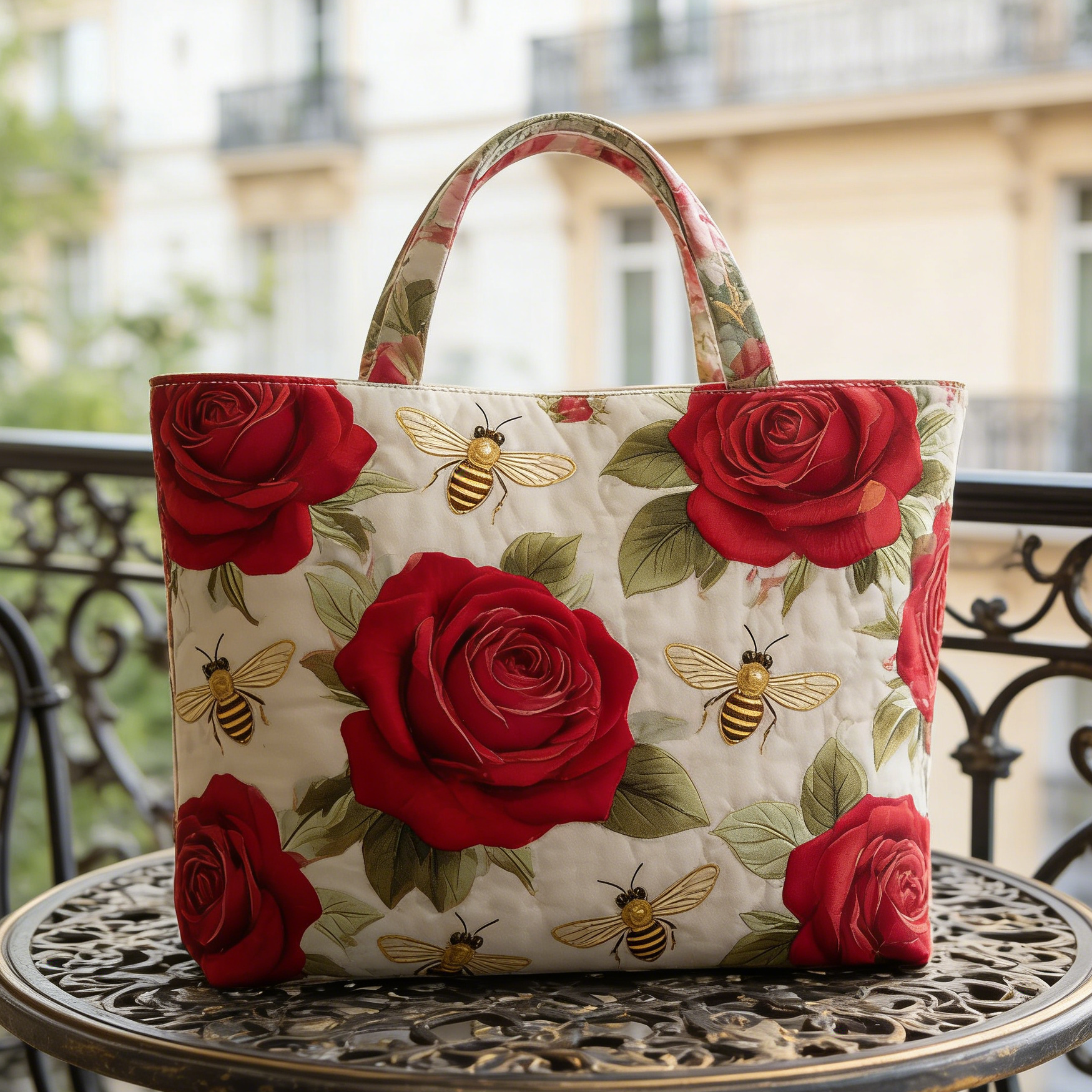 Parisian Rose & Bee Quilted Tote Bag BST1002
