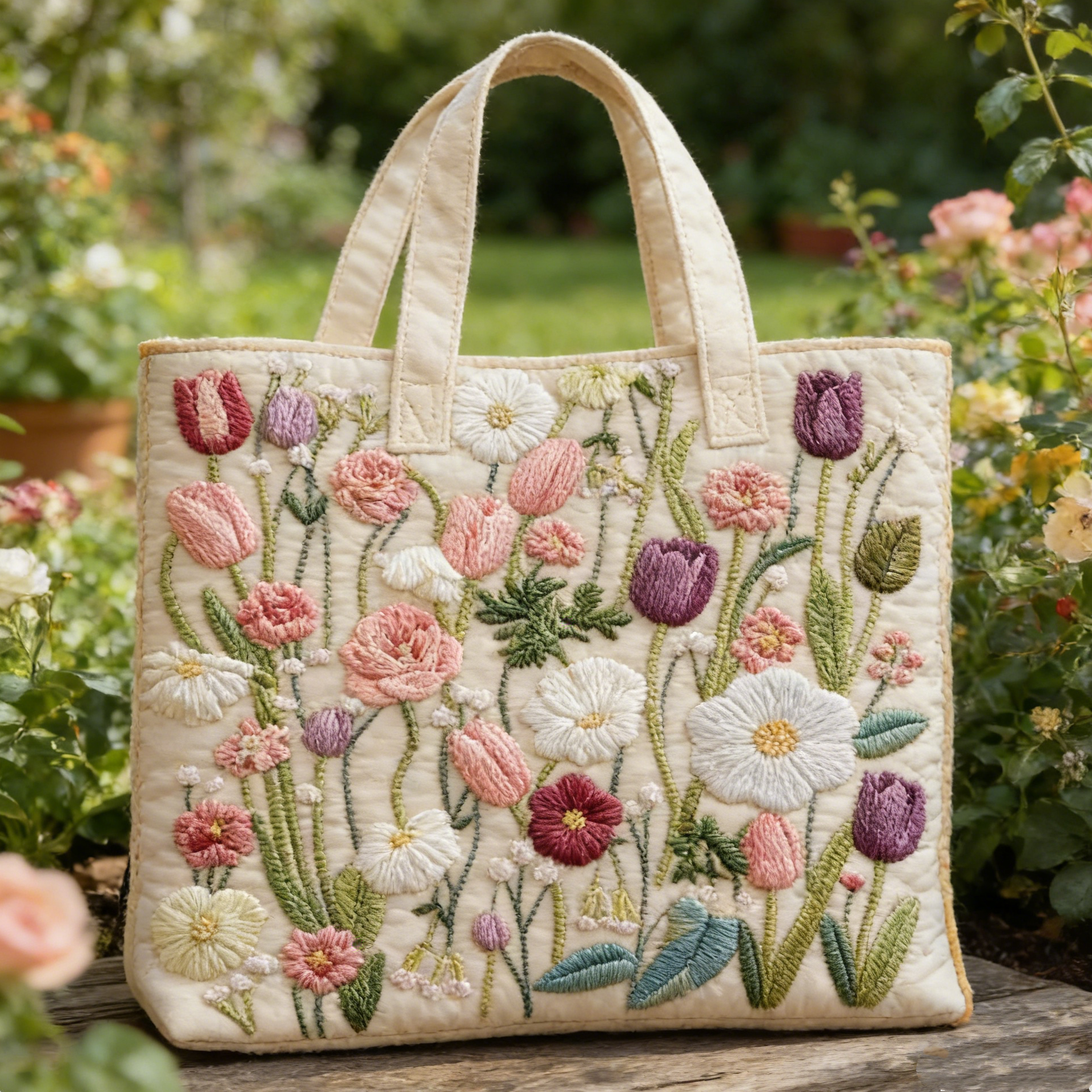 Stitched Flower Garden Tote Bag: Fresh Quilted Style for Your Outdoor Days