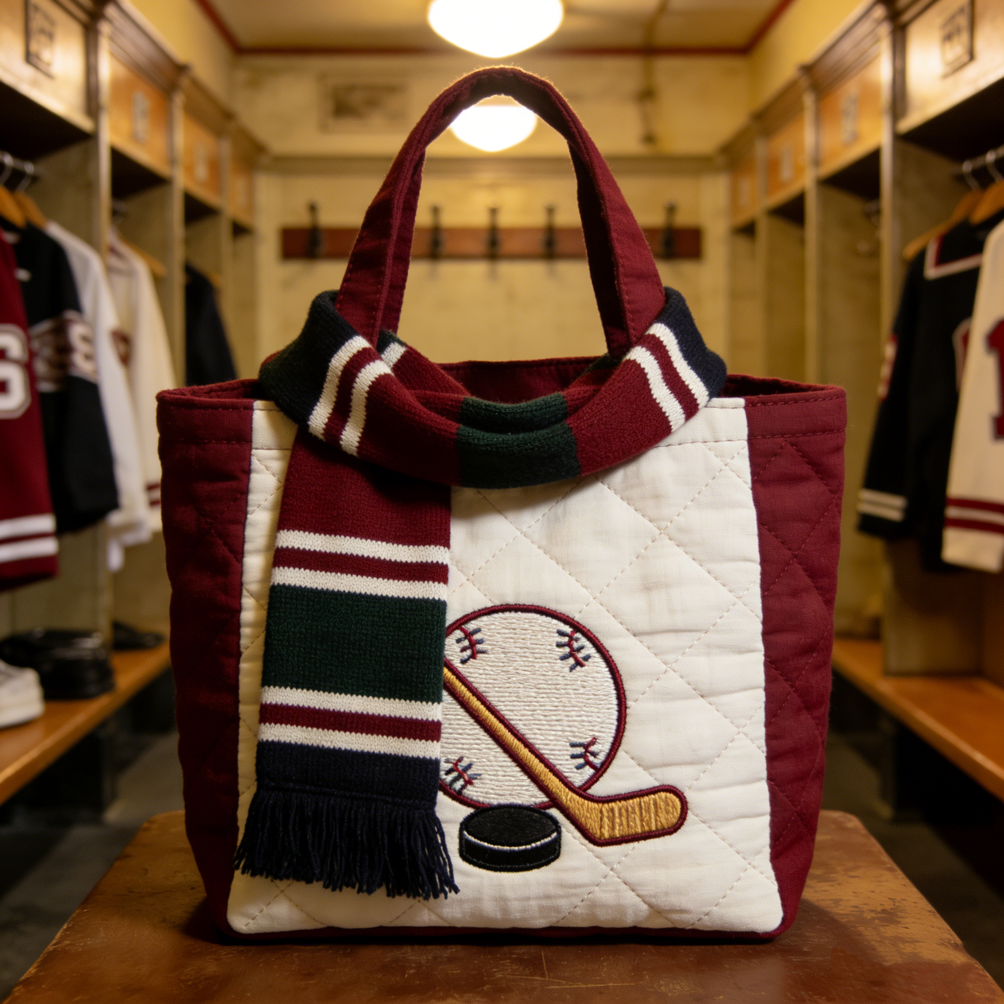 Handmade Quilted Sporty Tote Bag, Hockey Pattern Fabric Shoulder Handbag