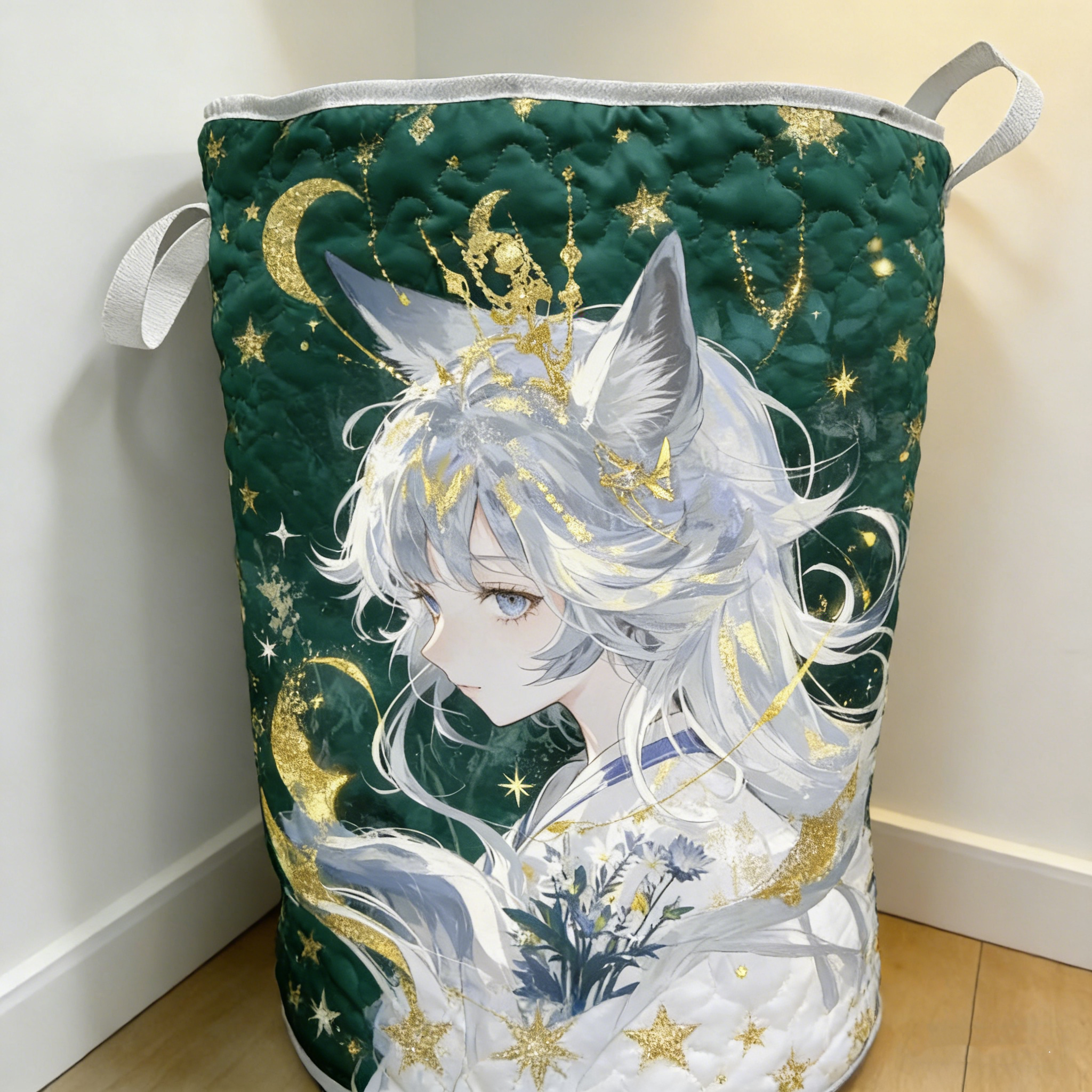 Emerald Starry Wolf-Eared Girl Anime Quilted Laundry Basket [Real Shot]