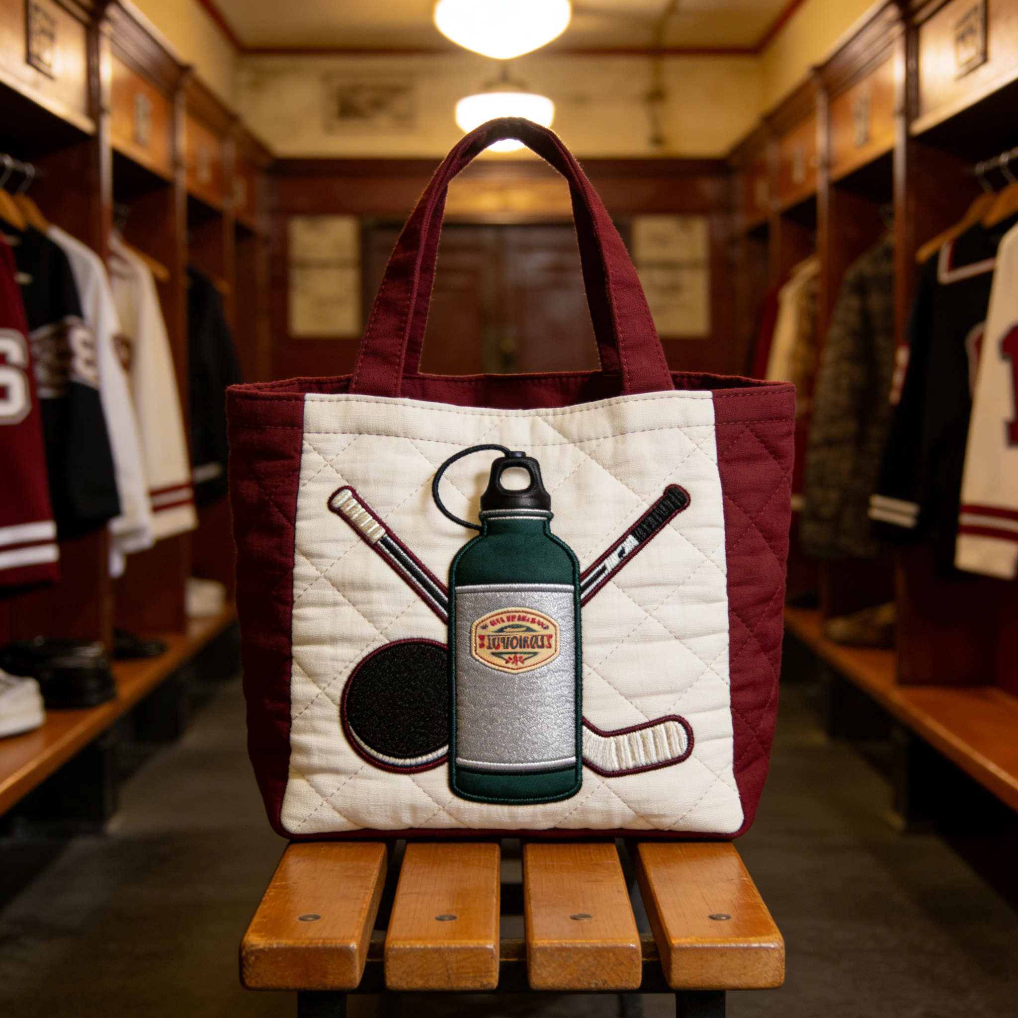 Handmade Quilted Sporty Tote Bag, Hockey Pattern Fabric Shoulder Handbag