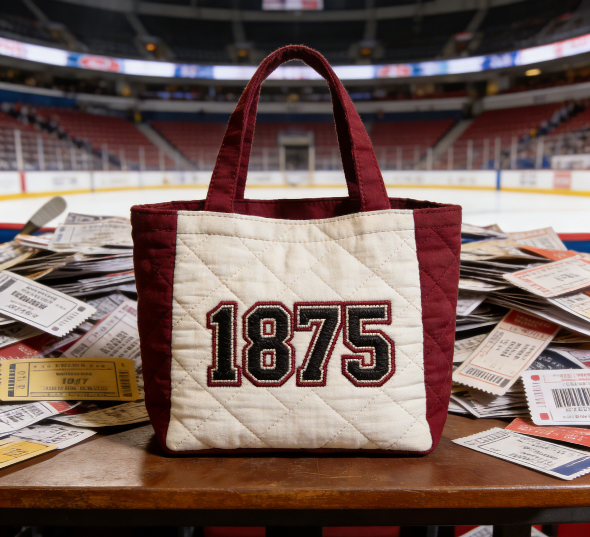 Handmade Quilted Sporty Tote Bag, Hockey Pattern Fabric Shoulder Handbag