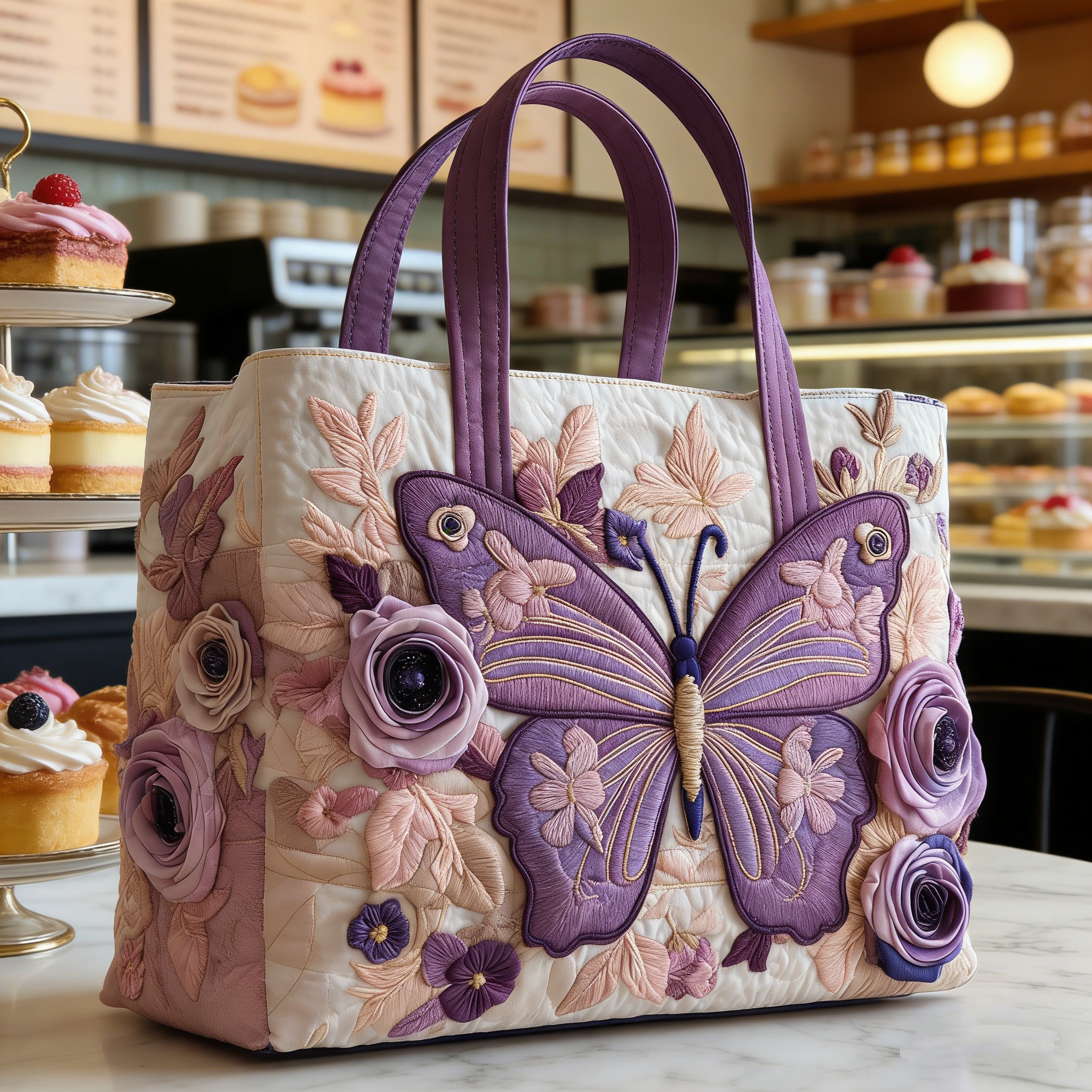 Lavender Butterfly & Rose Quilted Tote Bag GQN4820