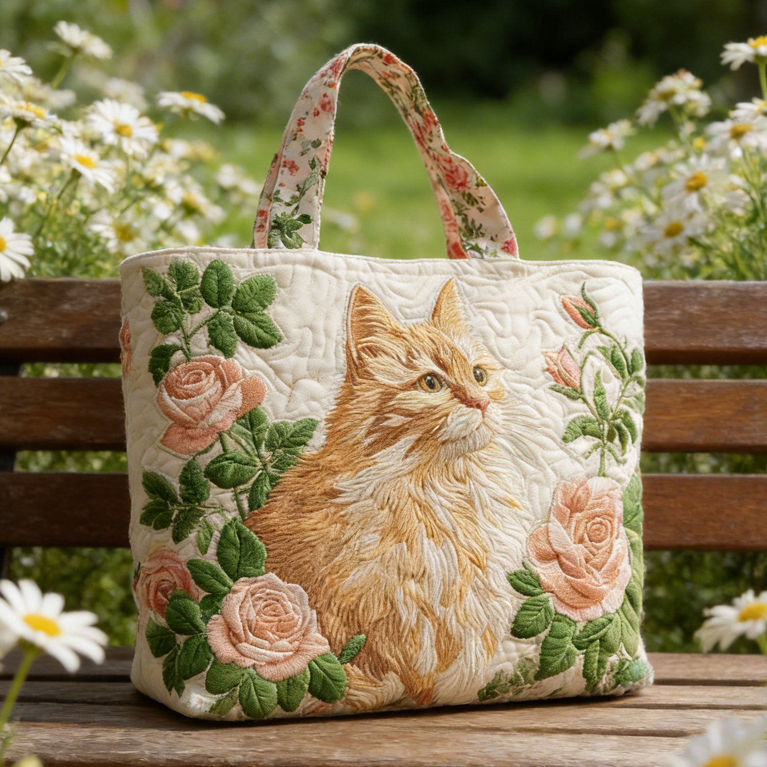 Ginger Cat & Rose Quilted Tote Bag PTQY7491