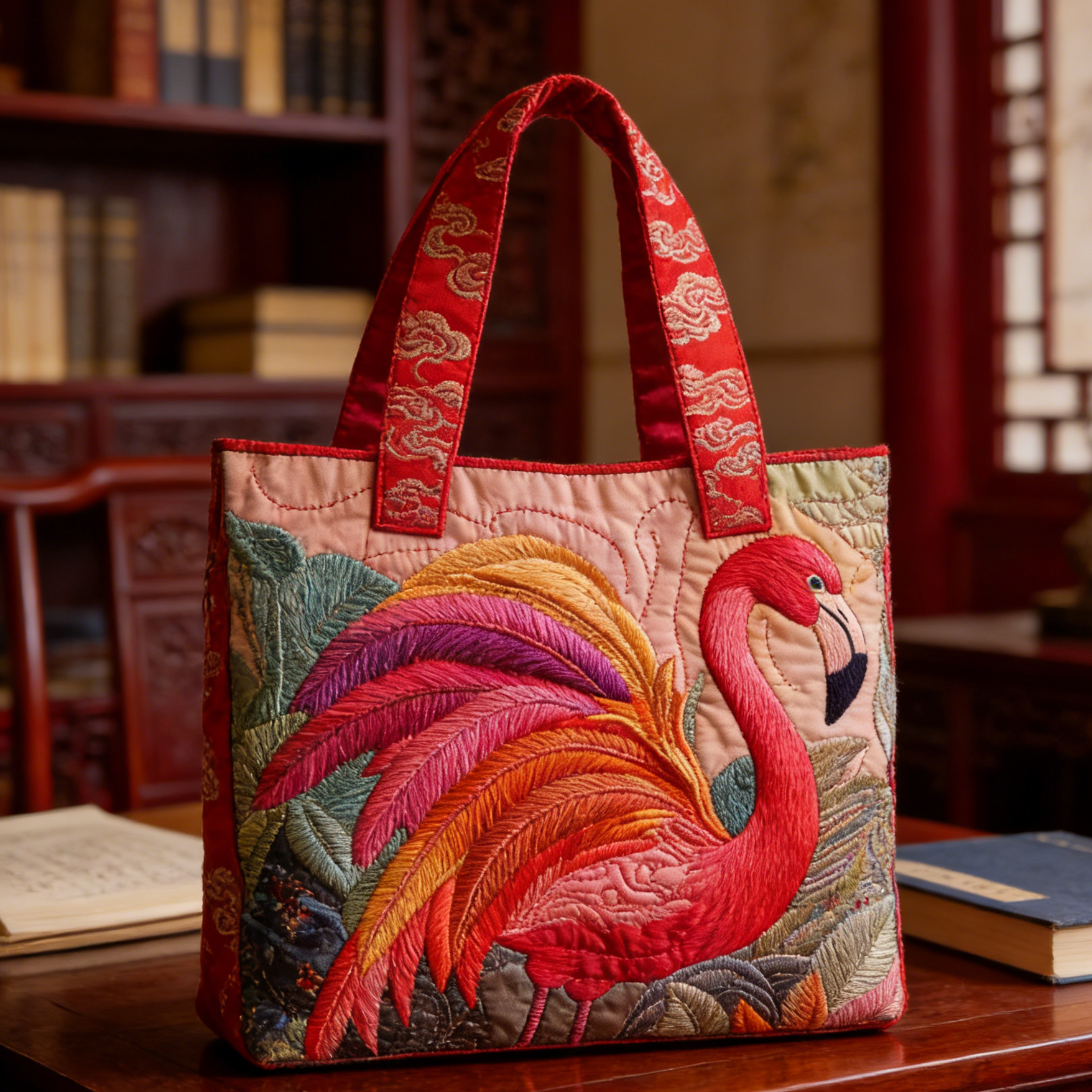 Cultural Flamingo with Cloud Embroidery Tote Bag