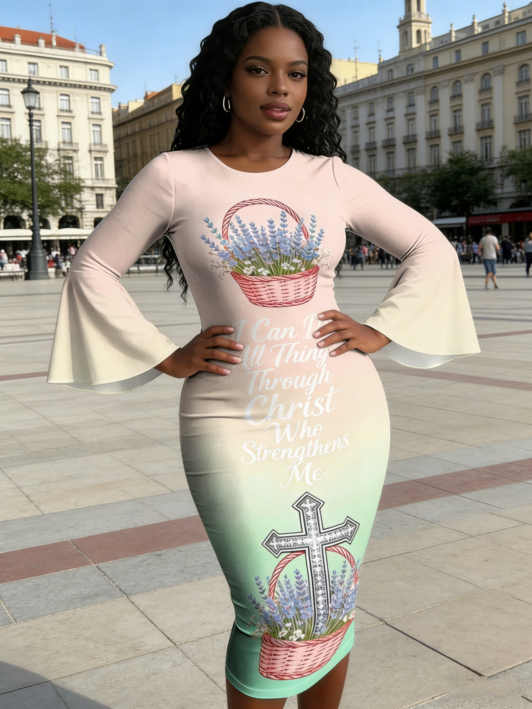 Ombre Pink-Green Lavender Cross Easter Flare Sleeve Bodycon Midi Dress