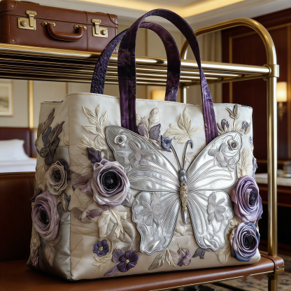 Silver Butterfly & Lavender Rose Quilted Tote Bag DZR6179