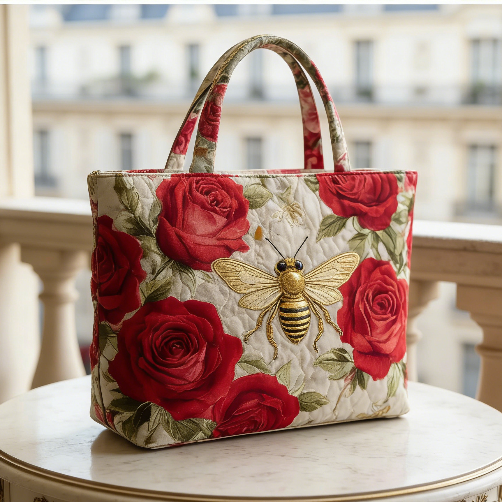 Parisian Red Rose & Golden Bee Quilted Tote Bag JGP1004