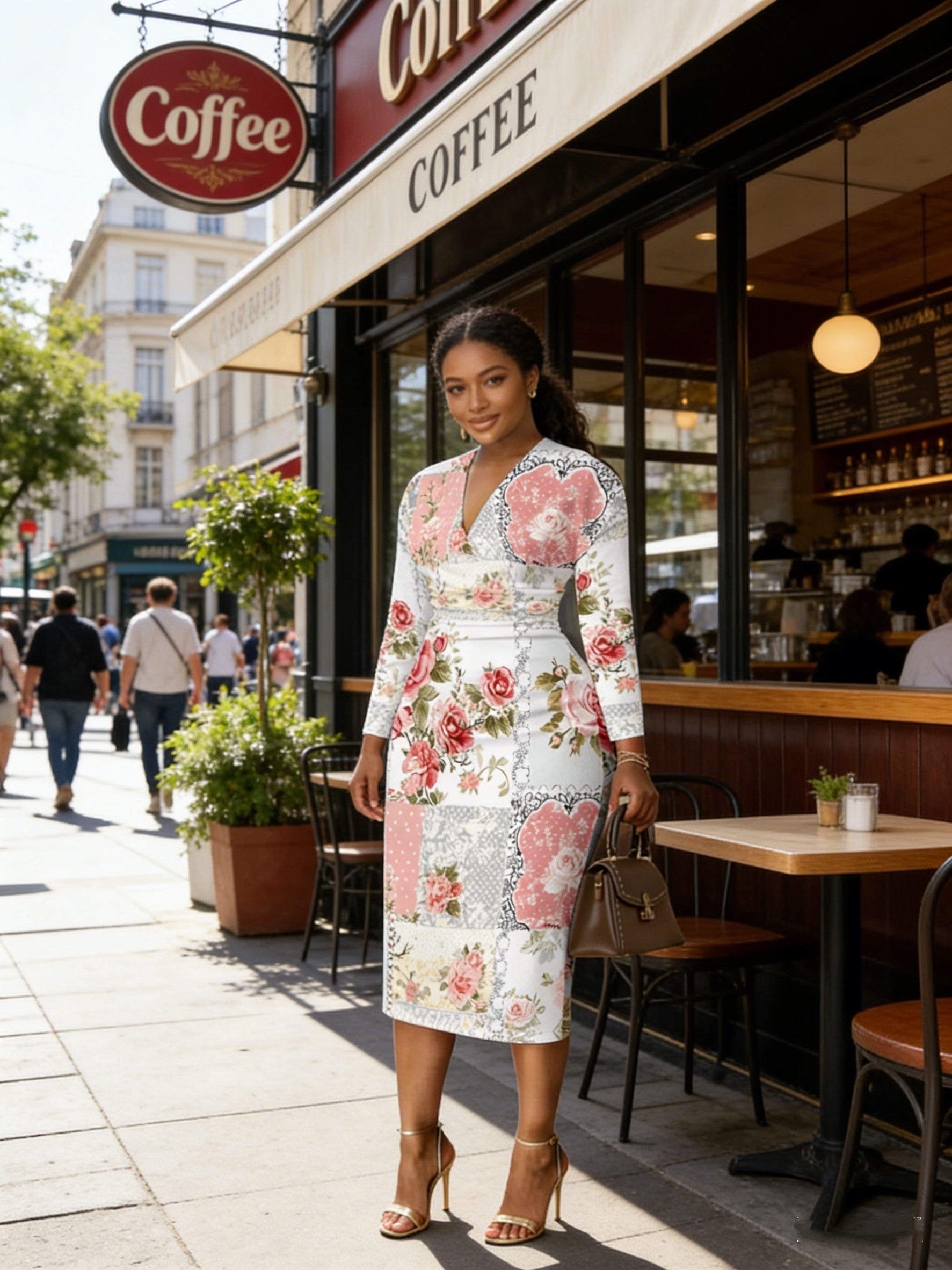 Vintage Patchwork V-Neck Bodycon Midi Dress