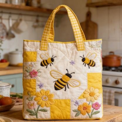 Yellow Check Bee-Embroidered Quilted Tote Bag