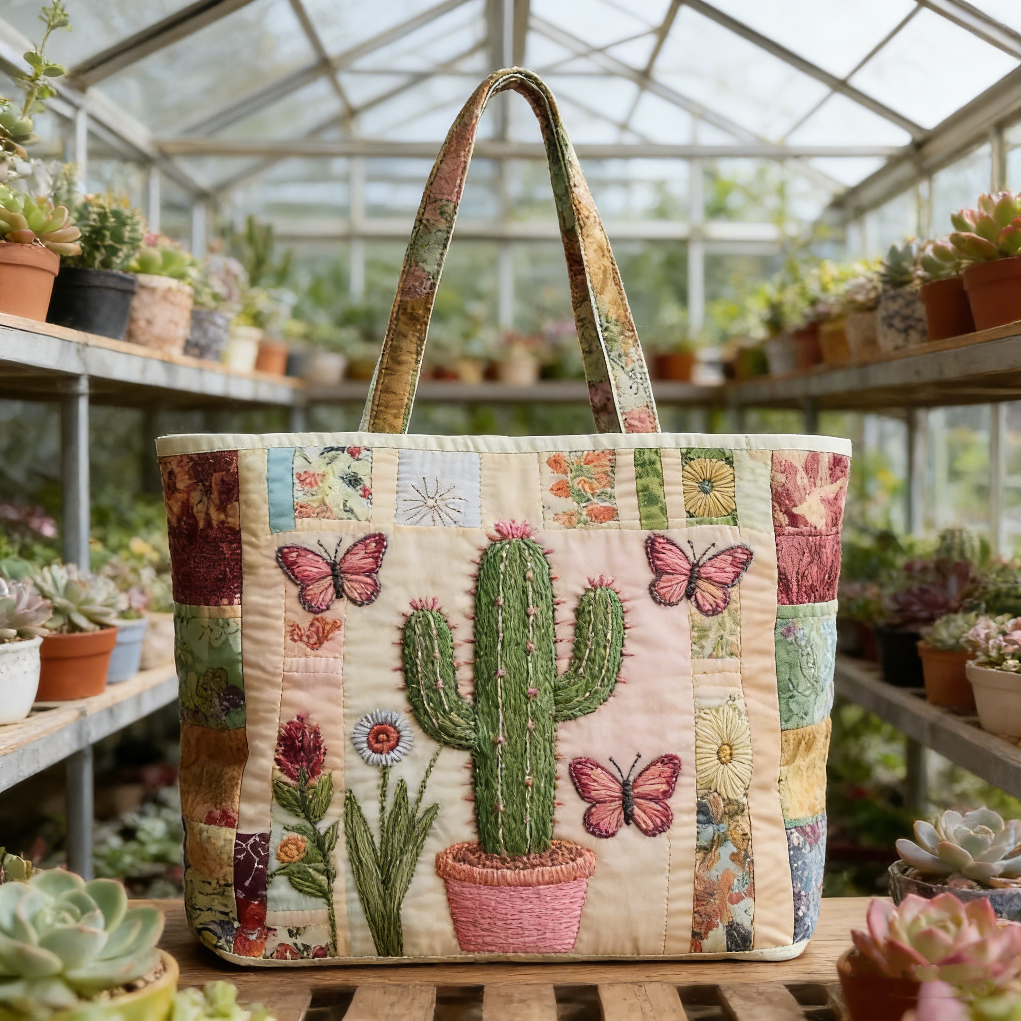 Cactus & Butterfly Quilted Tote Bag