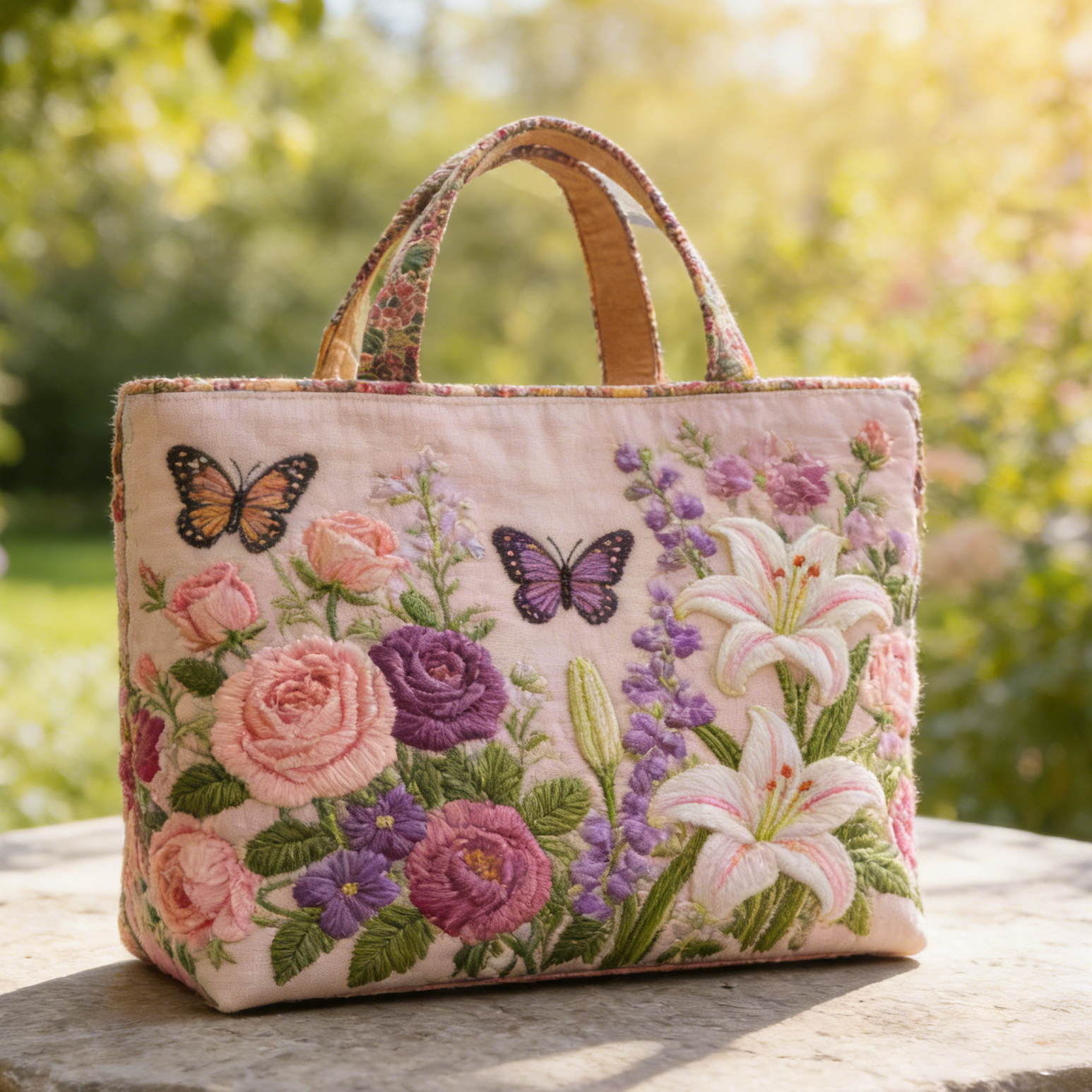 Flower-Butterfly Quilted Tote Bag