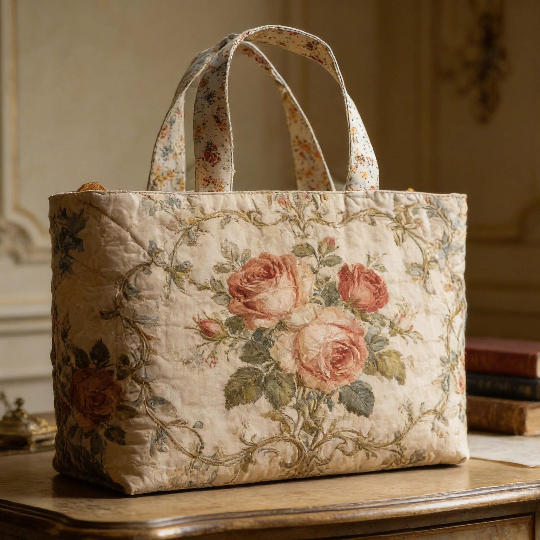 Vintage Rose Aubusson Quilted Tote Bag SCL1639