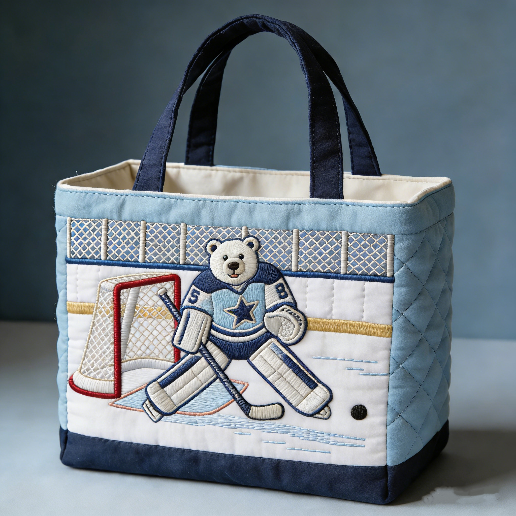 Handmade Quilted Sporty Tote Bag, Hockey Pattern Fabric Shoulder Handbag