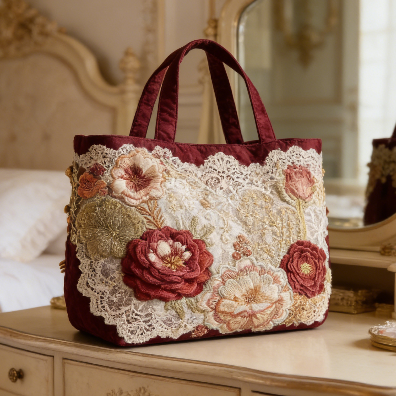 Burgundy Floral Lace Quilted Tote Bag TKY5708