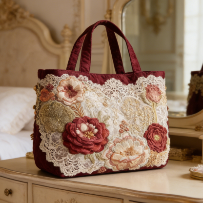 Burgundy Floral Lace Quilted Tote Bag TKY5708