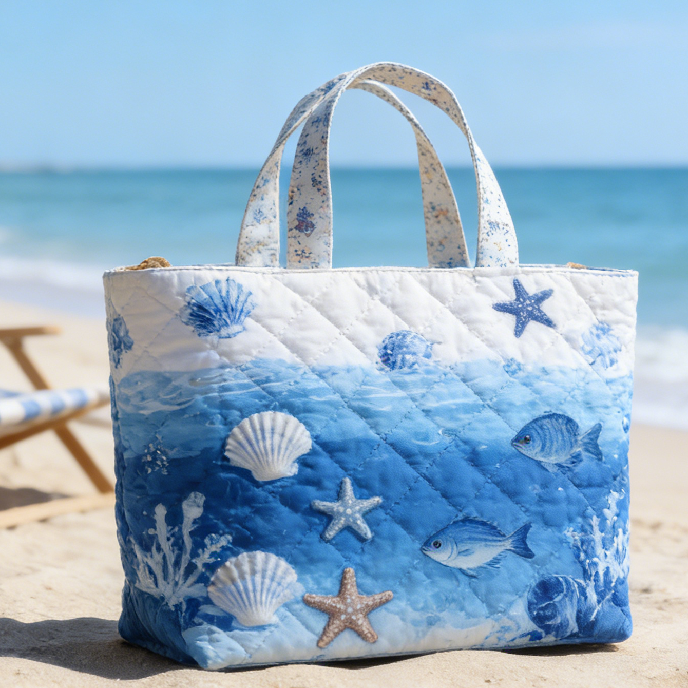 Blue-White Ocean Quilted Tote Bag