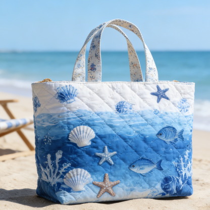 Blue-White Ocean Quilted Tote Bag