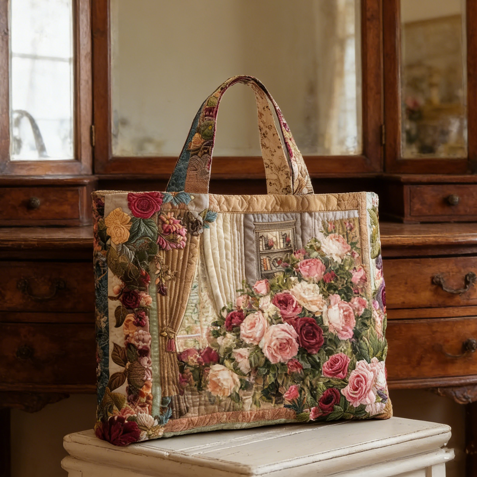 Victorian Rose Garden Window Quilted Tote Bag UEN9264