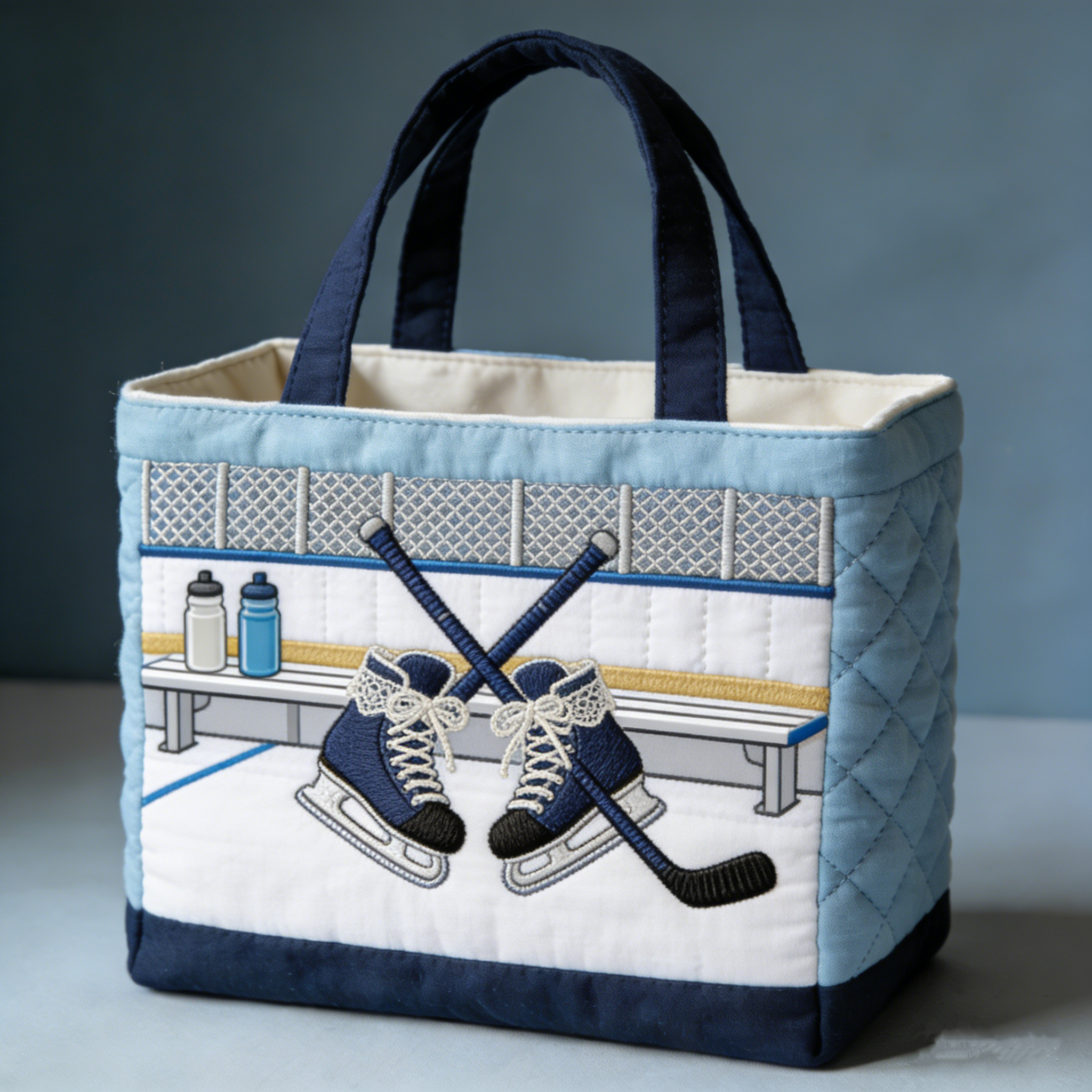 Handmade Quilted Sporty Tote Bag, Hockey Pattern Fabric Shoulder Handbag