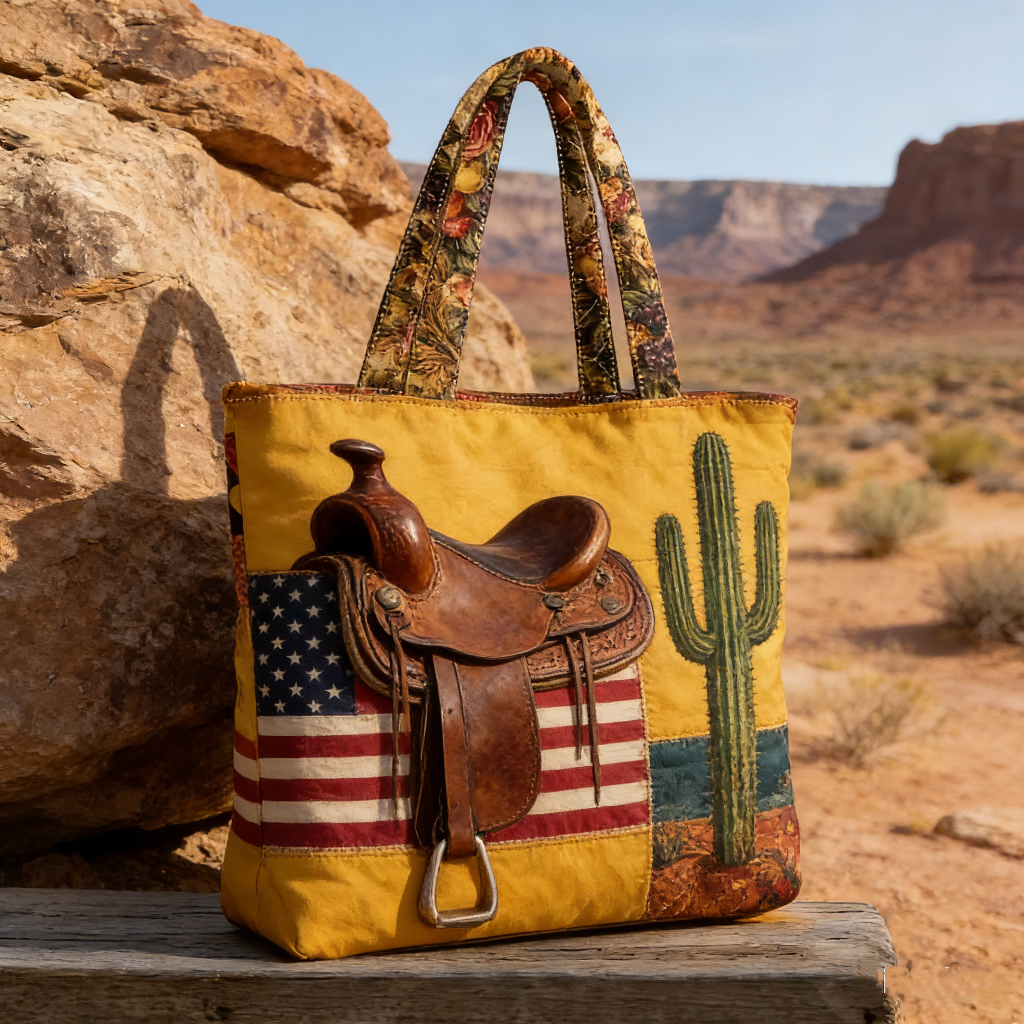 Western Saddle & Cactus Quilted Tote Bag GKN904