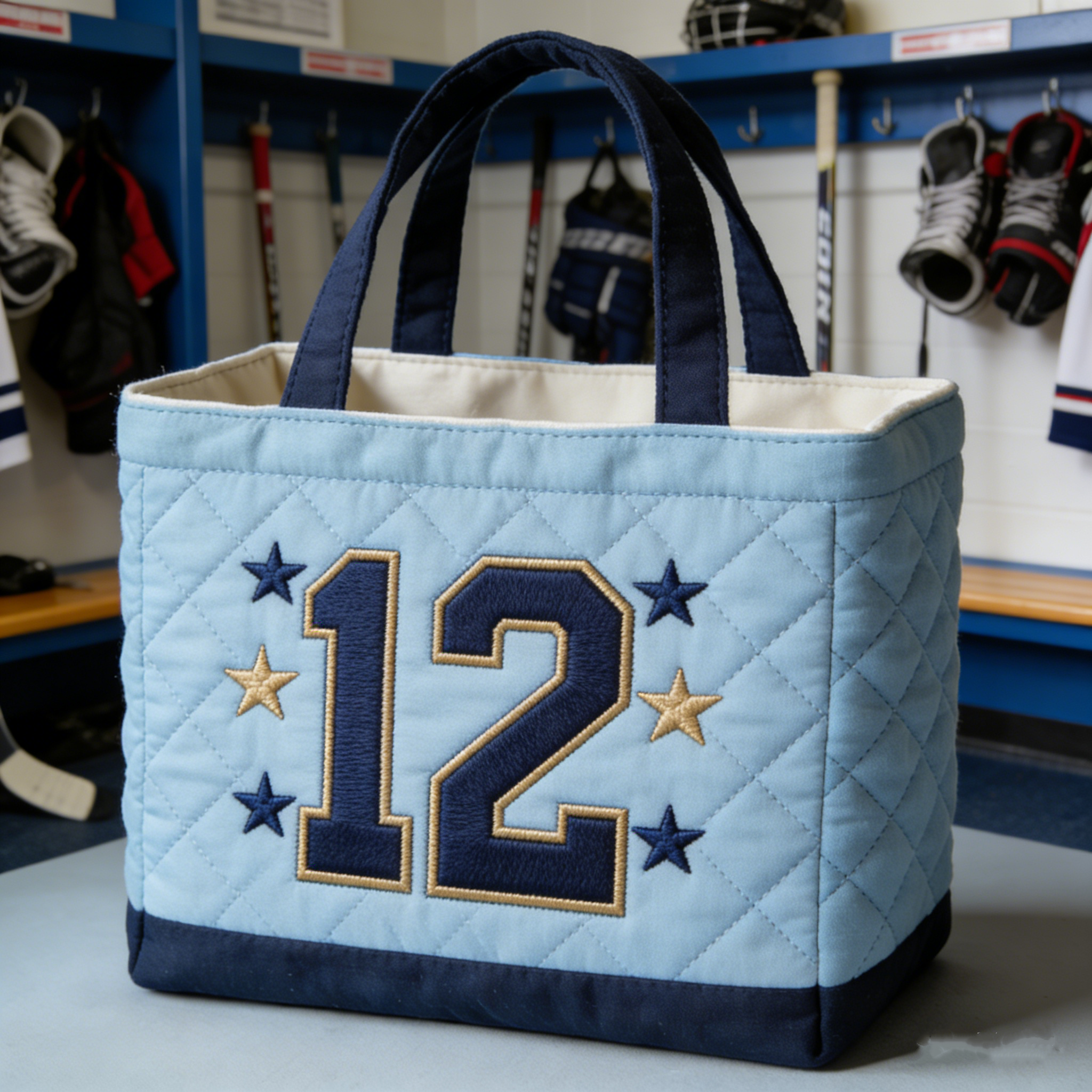 Handmade Quilted Sporty Tote Bag, Hockey Pattern Fabric Shoulder Handbag