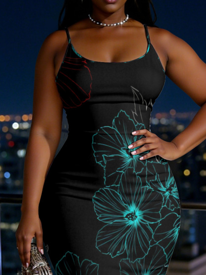 Neon Floral Line Art Spaghetti Strap Mermaid Dress GKNR15824