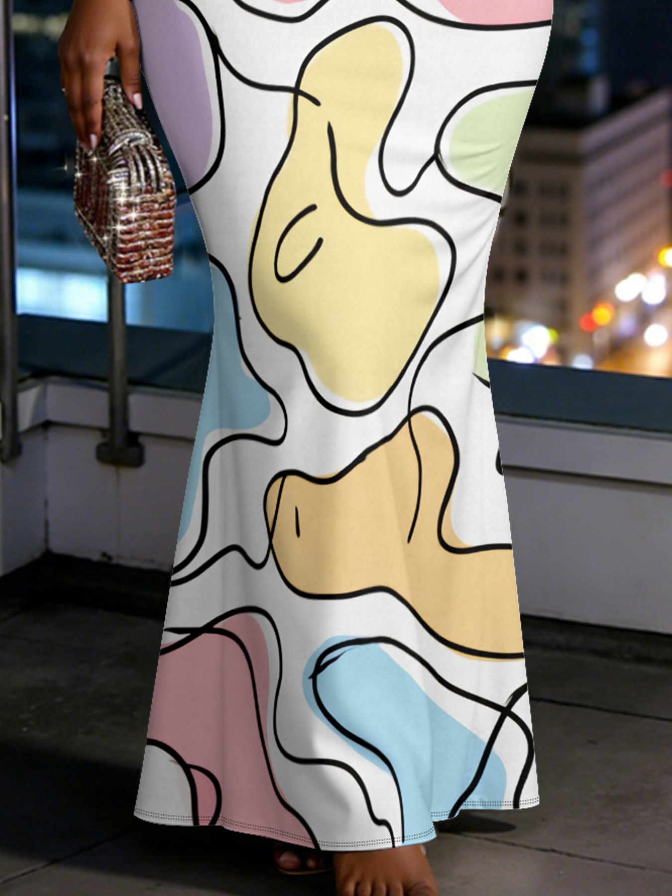 Pastel Abstract Line Art Spaghetti Strap Mermaid Dress DGIM94713