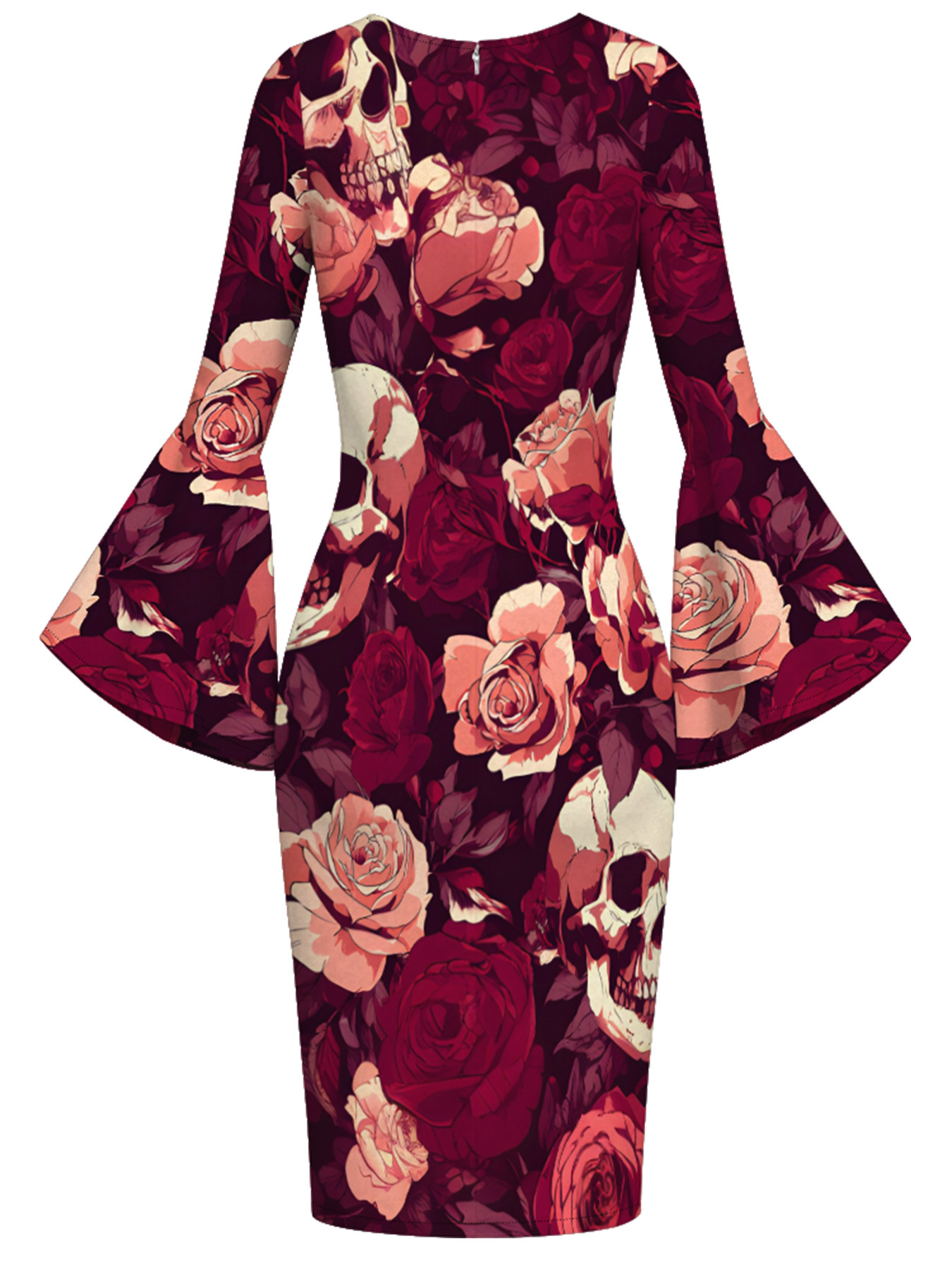 Burgundy Skull & Rose Flare Sleeve Bodycon Midi Dress