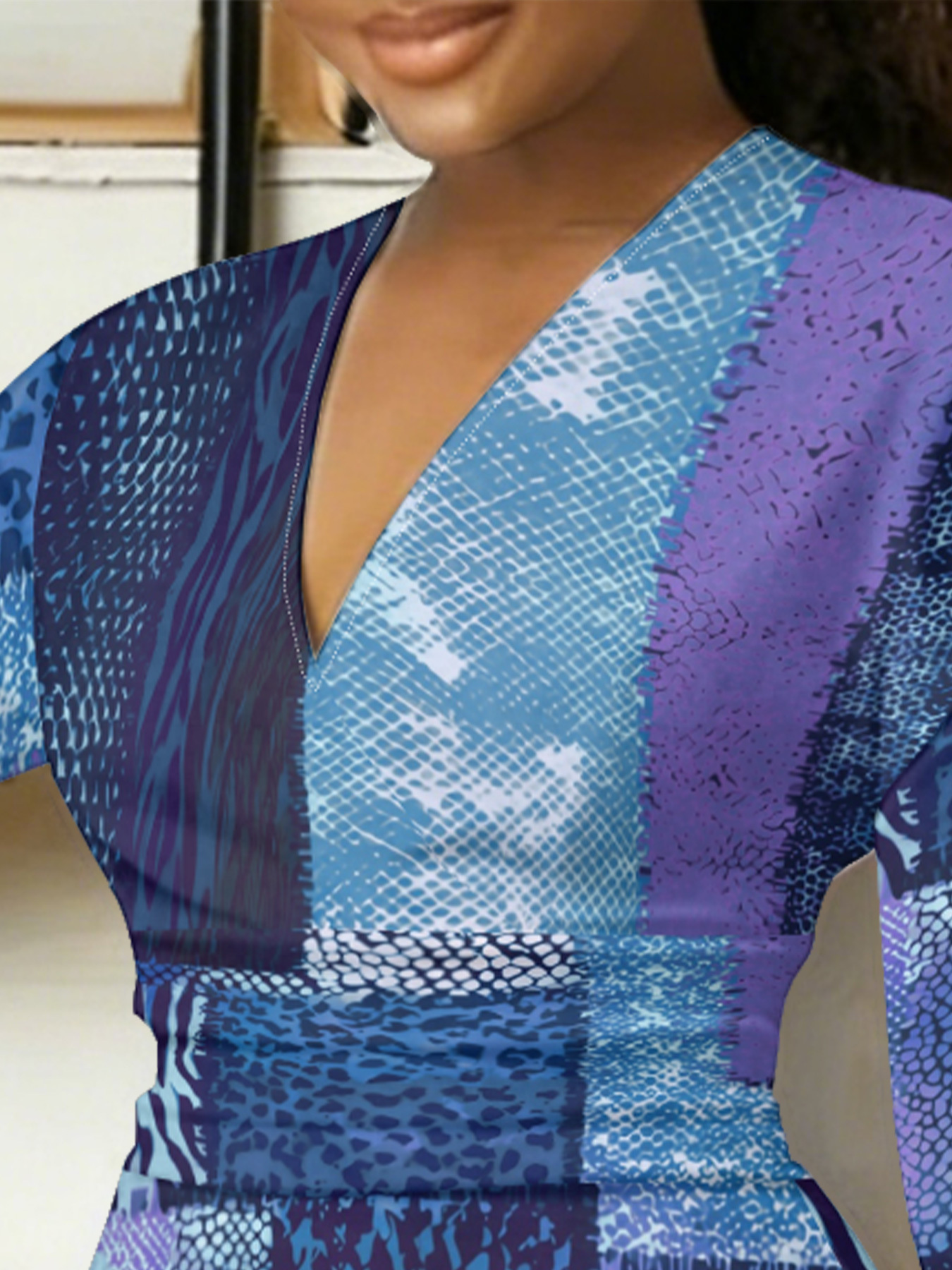 Blue & Purple Patchwork Animal V-Neck Bodycon Midi Dress PWT2846