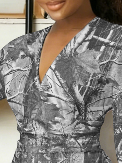 Grey Camo V-Neck Bodycon Midi Dress EZR1586