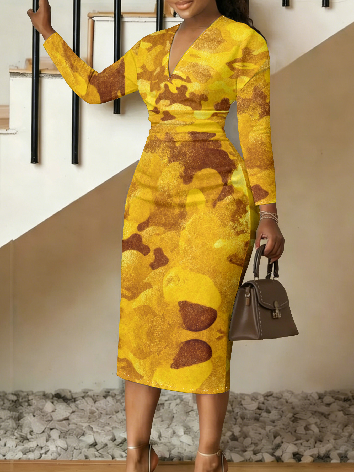 Yellow & Brown Camouflage V-Neck Bodycon Midi Dress JKP5931